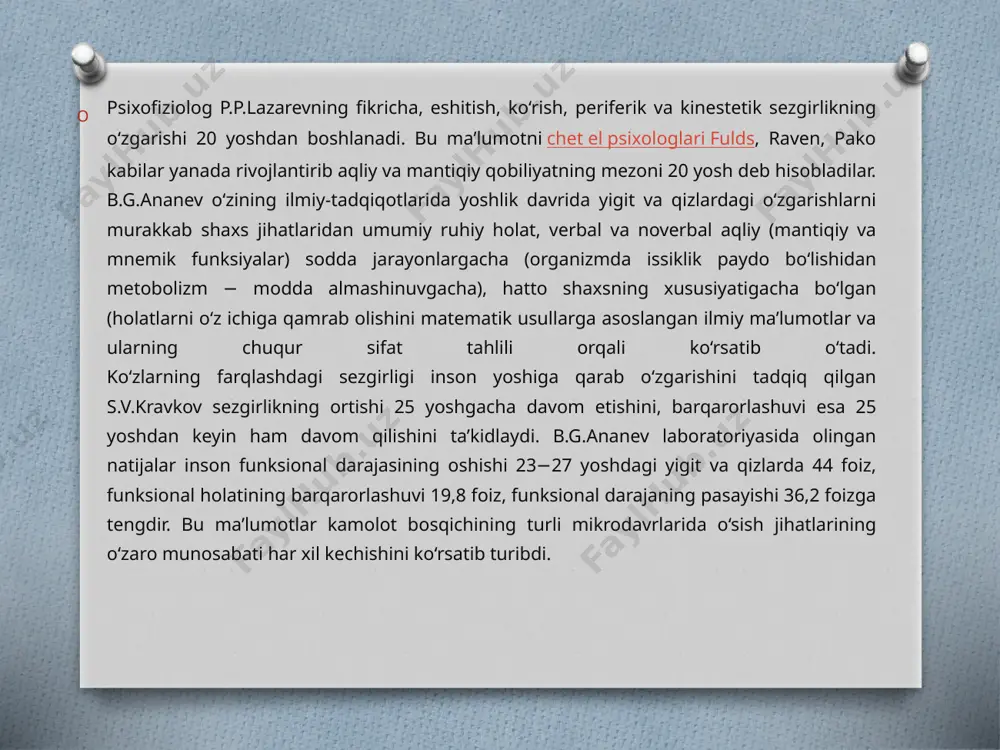 . organizmdagi ayrim o‘zgarishlar, umrning tez o‘tishi kishini qattiq tashvishga va iztirobga soladi. u bundan keyingi hayotning har bir daqiqasidan unumli foydalanishga qaror qiladi. ayrim orzu-istaklarini amalga oshirish uchun jismoniy va ruhiy imkoniyatlari yetishmasligini anglash uning psixikasida “turg‘unlik” tuyg‘usini vujudga keltiradi. buning asosiy sababi 33−35 yoshlarda mnemologik − attension majmua tubdan qayta qurilishidir. yaxlit mnemologik − markazning mnemik (xotira) va mantiqiy (tafakkur) qismlarga ajralishi ro‘y beradi. attensional holatning omillari saqlanib qoladi, lekin katta yoshdagi inson intellekti tarkibida xotira va tafakkur muhim o‘rin tutadi. biroq o‘zgarishlar uning ruhiy dunyosida, kechinmalarida, his-tuyg‘ularida chuqur iz qoldirmaydi, yetuk shaxs xotirasida illyuzion xususiyatga ega bo‘lgan tasavvur obrazlari (yoshlik tuyg‘usi, kayfiyati, orzusi, xom xayoli) saqlanib qolaveradi. yetuklik bosqichida jismoniy va aqliy imkoniyat­lardan to‘laroq foydalanish ko‘nikmasi paydo bo‘ladi. bu hol butun kuch-quvvat, aqliy zo‘riqish, iroda kuchi, asab taranglashuvi hisobiga emas, balki muayyan ko‘nikma, malaka va mahorat asosida ro‘y beradi. yetuklikning turli davrlarida kamol topish jabhalarining o‘zaro munosabatini …