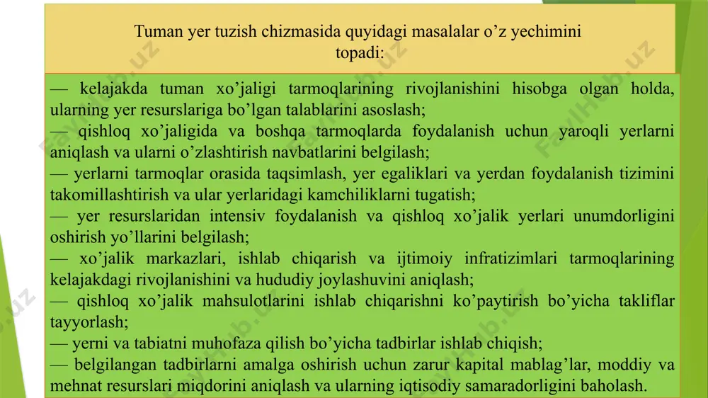 nish va yerlarni muhofaza etishni bashoratlash viloyat yer tuzish chizmalari yerdan foydalanish va yerlarni muhofaza etish davlat dasturi yerdan foydalanish va yerlarni muhofaza etishning viloyat dasturi tuman yer tuzish chizmasi yerdan foydalanish va yerlarni muhofaza etish bilan bog’liq chizmalar rejalash va bashoratlash bosqichi xo’jaliklararo yer tuzish loyihasi xo’jalikda ichki yer tuzish loyihasi yerdan foydalanish va yerlarni muhofaza qilish bilan bog’liq ishchi loyiha yer tuzish loyihalarini hayotga tatbiq etish ustidan mualliflik nazorati hujjatlari loyihani amalga oshirish bosqichi loyihalash bosqichi loyiha oldi bosqichi yerni tuzish deganda — yerdan va u bilan ajralmas bog’liq boshqa ishlab chiqarish vositalaridan, ishchi kuchlaridan belgilangan tartibda foydalanishni tashkil qilish tushuniladi. inson yer tuzish yordamida yerda moddiy boyliklarni ishlab chiqarish va ijtimoiy talablarni qondirishga qaratilgan aniq maqsadga mos tushadigan tartib o’rnatadi. bu ishlarni bajarishda insonning yerga va umuman tabiatga bo’lgan munosabati namoyon bo’ladi. shuning uchun ham tabiat mahsuli bo’lgan yerni va u bilan bog’liq boshqa ishlab chiqarish vositalarini …