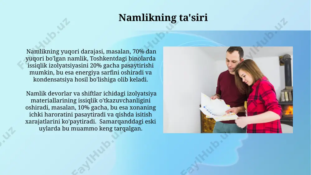 ishi mumkin. toshkentdagi binolarning aksariyatida (taxminan 70%) ichki devorlarning yorug'likni qaytarish koeffitsiyenti past, bu esa yorug'lik tarqalishini kamaytiradi va qo'shimcha yoritish manbalarini talab qiladi. yorug'lik manbalari фарғона водийсидаги уйларнинг кўпчилигида ёруғлик манбаи сифатида 150 ваттлик 2 та лампочка ва табиий ёритишдан фойдаланилади, бу эса кундузи 80-100 люкс, кечқурун эса 20-40 люкс ёритишни таъминлайди. тошкентдаги 30 квадрат метрли хонага 2 та 100 ваттли чироқлар ўрнатилганда, ёритиш даражаси тахминан 20 люксни ташкил этади, бу эса кам ёритилган хона ҳисобланади. derazalar va eshiklarning roli derazalar soni va o'lchamlari xonaning yorug'lik darajasini sezilarli darajada ta'sir qiladi. masalan, 2 ta 1,5x1 metrli deraza, 1 ta 2x1,5 metrli derazadan ko'ra kamroq yorug'lik beradi, ayniqsa toshkentdagi binolarda. energiya samaradorligi yuqori bo'lgan, ikki qavatli oynali derazalar va yaxshi yalıtımli eshiklar xonaning issiqlik yo'qotishlarini 15-20% ga kamaytiradi va shu bilan birga yorug'likni saqlab qoladi, ayniqsa samarqand kabi issiq hududlarda. havoning ta'siri ҳавонинг таъсири хоналарнинг иссиқлик ўтказувчанлигига 20% гача таъсир …