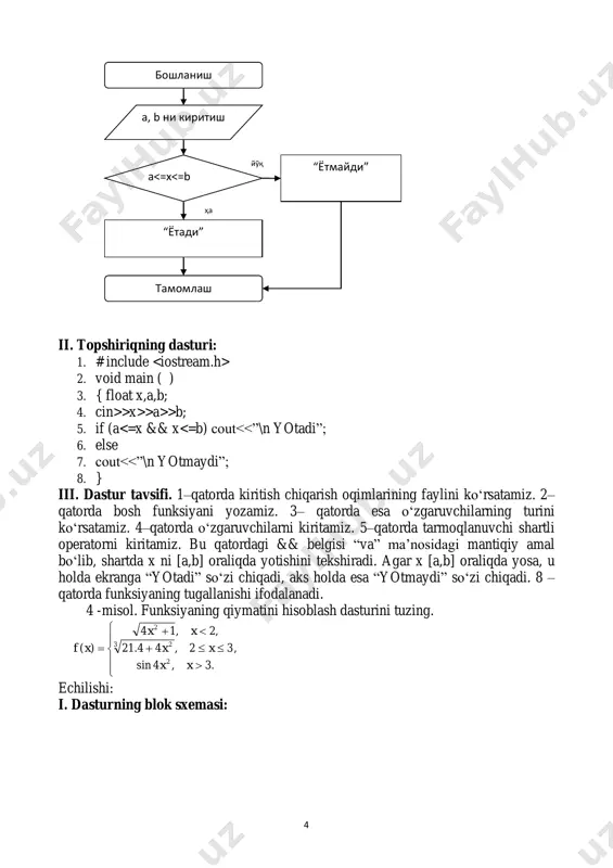 tg xetgx y x 3.  = − + = 15 1 2 2 )3( 2 k k k z 4-variant quyidagi ifodalarni hisoblash uchun blok sxemasini tuzing 1. 8sinsin3 2 −++= xxx e xa y x 2.        + = − = − 5 4 3 ln 5,ln 5,cos , 5 3 )(23 2 aak aa aex y k ka 3.  = +− + = 17 1 2 2 3k kk kk z 5-variant quyidagi ifodalarni hisoblash uchun blok sxemasini tuzing 1. xctg x x y 3 32 3 5 − + − += 2. y a bx x x x a x tgax ctgx x =   + + +  +       ln( ), , , 1 2 1 2 1 23 3.  = + + = 11 1 2 17 5 k …