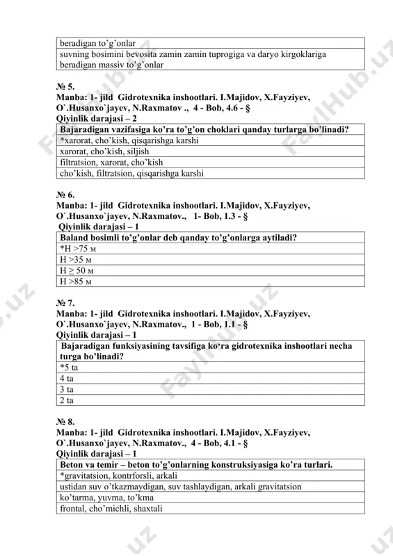 a karshi xarorat, cho’kish, siljish filtratsion, xarorat, cho’kish cho’kish, filtratsion, qisqarishga karshi № 6. manba: 1- jild gidrotexnika inshootlari. i.majidov, x.fayziyev, o`.husanxo`jayev, n.raxmatov., 1- bob, 1.3 - § qiyinlik darajasi – 1 baland bosimli to’g’onlar dеb qanday to’g’onlarga aytiladi? *h >75 м h >35 м h ≥ 50 м h >85 м № 7. manba: 1- jild gidrotexnika inshootlari. i.majidov, x.fayziyev, o`.husanxo`jayev, n.raxmatov., 1 - bob, 1.1 - § qiyinlik darajasi – 1 bajaradigan funksiyasining tavsifiga ko‘ra gidrotexnika inshootlari necha turga bo’linadi? *5 ta 4 ta 3 ta 2 ta № 8. manba: 1- jild gidrotexnika inshootlari. i.majidov, x.fayziyev, o`.husanxo`jayev, n.raxmatov., 4 - bob, 4.1 - § qiyinlik darajasi – 1 beton va temir – beton to’g’onlarning konstruksiyasiga ko’ra turlari. *gravitatsion, kontrforsli, arkali ustidan suv o’tkazmaydigan, suv tashlaydigan, arkali gravitatsion ko’tarma, yuvma, to’kma frontal, cho’michli, shaxtali № 9. manba: 2- jild gidrotexnika inshootlari. i.majidov, x.fayziyev, o`.husanxo`jayev, n.raxmatov., 9 - bob, …