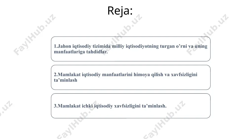 ysidir ma’noda mamlakat xavfsizligining bir bo’lagi hisoblanadi. jahon iqtisodiy tizimida milliy iqtisodiyotning turgan o’rni va uning manfaatlariga tahdidlar. milliy iqtisodiyot, xalqaro mehnat taqsimotiga ko’ra, ixtisoslashuvi, o’zining foydali qazilma boyliklari, geografik joylashuvi, fan-texnika taraqqiyoti, ijtimoiy-iqtisodiy rivojlanish darajasi, xalqaro savdo, xalqaro iqtisodiy faoliyatining faolligiga muvofiq jahon iqtisodiy tizimida o’ziga xos o’rinni egallaydi. jahon iqtisodiyotiga integratsiyalashish uchun milliy iqtisodiyot xalqaro hamkorlikka ochiq bo’lishi, ya’ni ochiq iqtisodiyot tavsifiga ega bo’lishi lozim. ochiq iqtisodiyotning xususiyatlari va potensial imkoniyatlarini quyidagicha tavsiflash mumkin: o’tish davrini o’z boshidan kechirayotgan mamlakatda bozor mexanizmi va unsurlari raqobat muhiti shakllanishining jadallashuvi; jahon xo’jaligi bilan o’zaro aloqada milliy iqtisodiyot an’anaviy tovar ayirboshlashdan tashqari, kapitalni chetga chiqarish va chetdan kiritish, ilmiy-texnikaning kooperatsiyalashuvi, ishlab chiqarish integratsiyasi kabi shakllarda integrallashadi; xalqaro resurslar aylanmasi va uning samaradorligini oshirishga asoslangan holda ichki ishlab chiqarish hajmlariga nisabatan milliy daromadning o’sishi; xalqaro ayirboshlashning mutanosib iqtisodiy o’sish omili sifatidagi rolining ko’payishi; xalqaro resurslar aylanmasi va uning samaradorligini oshirish hisobiga ichki …