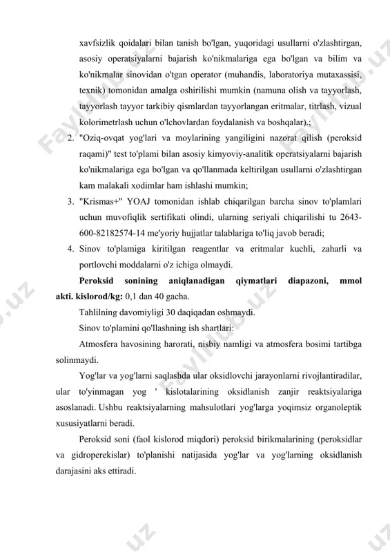 arishlar kiritilishi mumkin. "oziq-ovqat yog'lari va moylarining yangiligini nazorat qilish (peroksid raqami)" test-to'plami sanitariya-oziq-ovqat nazorati mobil (ko'chma) laboratoriyalarida samarali qo'llaniladi. "krismas+" yoaj iste'molchilarning aniq vazifalari uchun turli xil avtomobillar asosida mobil laboratoriyalarni ishlab chiqadi, ishlab chiqaradi va jihozlaydi. "oziq-ovqat yog'lari va moylarining yangiligini nazorat qilish (peroksid raqami)" test to'plami bilan ishlash uchun qo'shimcha ravishda oddiy elektr pechka kerak. agar kerak bo'lsa, "krismas+" yoaj o'quv markazida siz kompaniya tomonidan ishlab chiqilgan va ishlab chiqarilgan uskunalar bilan ishlash bo'yicha qisqa muddatli kurslardan o'tishingiz mumkin. trening natijalariga ko'ra maxsus sertifikat beriladi. sinov to'plami kimyo, biologiya kurslarida, ekologiyada fakultativ ravishda, shuningdek ixtisoslashtirilgan ta'lim tashkilotlarida sanitariya-oziq-ovqat mahsulotlarini tahlil qilish usullari va vositalarini o'rganishda dizayn va o'quv-tadqiqot ishlarini bajarishda muvaffaqiyatli qo'llaniladi. "oziq-ovqat yog'lari va moylarining yangiligini nazorat qilish (peroksid raqami)" test-to'plami davlat sanitariya-epidemiologiya va veterinariya-sanitariya nazorati, armiya va flot tibbiyot xizmati mutaxassislari, agrar korxonalar, umumiy ovqatlanish va oziq-ovqat savdosi xodimlari, oziq-ovqat xom ashyosi va yarim tayyor …