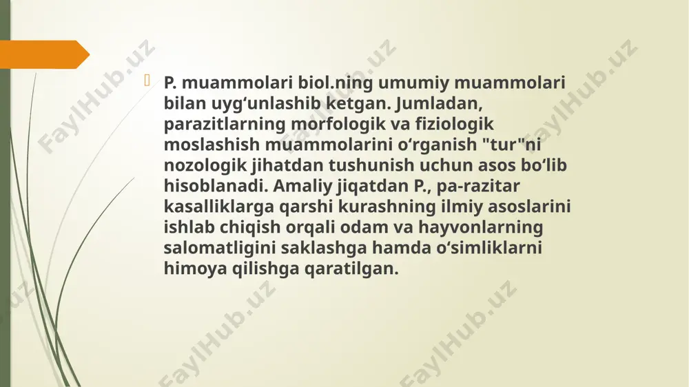 k kasalliklarga chidamliligini pasaytiradi, vaktsina profilaktikasi samaradorligini pasaytiradi.yuqori texnologiyali diagnostika usullaridan foydalanish hatto simptomlar bo'lmasa ham parazitar kasalliklarni aniqlash imkonini beradi. parazitar kasalliklarning oldini olish choralari: shaxsiy gigiena qoidalariga rioya qilish: yurishdan keyin, hojatxonadan foydalanishdan, ovqatlanishdan oldin va hokazolardan keyin qo'llarni yaxshilab yuvish.har yili o'zingizni va farzandlaringizni kontakt gelmintioz va ichak protozoyalari uchun tekshirib ko'ring.go'sht va go'sht mahsulotlarini ruxsat etilgan savdo joylarida sotib oling. go'shtni uzoq vaqt davomida (kamida 2,5 soat) kichik bo'laklarda (8 sm dan ortiq bo'lmagan) pishiring.xom holda iste'mol qilingan sabzavotlar, o'tlar va rezavorlar yaxshilab yuvilishi va qaynoq suv bilan kuydirilishi kerak.baliqni puxta pazandalik ishlovidan o'tkazing: baliqni kamida 15 daqiqa qovuring, kamida 2 hafta tuzlang, t = - 4ºc da 10 kun davomida, t = - 27ºc da 9 soat davomida muzlatib qo'ying.
