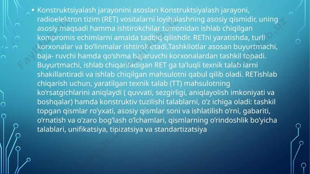 tuziladi, texnik hisobot shakillantiriladi, ba’zan konstruktorlik xujjatlar bajariladi ret konstruktsiyalarini standartlashtirish ret ishlab chiqarishda, uning sifati va texnik darajasini boshqarish tizimida, standartlash zarur qism bo’lib xizmat qiladi. xalq xo’jaligini intensiv usullardan foydalanishga o’tkazishda, ilmiy – texnik rivojlanish jarayonini tempini oshirishda, req ishlab chiqarishda uning konstruktsiyasini vaqt o’tishi bilan eskirishi jarayonini qisqartirish (insonlar uchun mo’ljallangan qurilmalar 6...8 yil, texnologik qurilmalar uchun 4...5 yil, mahsus ishlab chiqilgan mahsulotlar uchun 2...3 yil), standartlash, mahsulot ishlab chiqarishning konstruktsiyalash muddati va bir vaqitning o’zida mahsulotning konstruktsiya sifatini yaxshilashda, standartlashtirish katta ahamiyatga ega bo’ladi. xalqaro standartlashtirish tashkilotining aniq ma’lumotiga ko’ra, standartlash – bu, qiziqishi bor tomon foydasiga, o’rtadagi faoliyatni tartibga solish, qonunlashtirish, umumiy, optimal ekonomik xolatga erishish, hafsizlik va funktsional sharoitlarga rioya qilish jarayonini o’rnatishdir. bu jarayon, ilm- fan, texnika yutuqlari asosiga, praktik salohiyatga, rivojlanish jarayoni bilan bog’liq, xozirgi va kelajakning asosini aniqlaydi. bunday aniqlik, o’zida standartlashtirish funktsiyasini ko’p qismini, tartib lashtirish uchun yo’naltirilgan faoliyatni, o’rnatilgan …