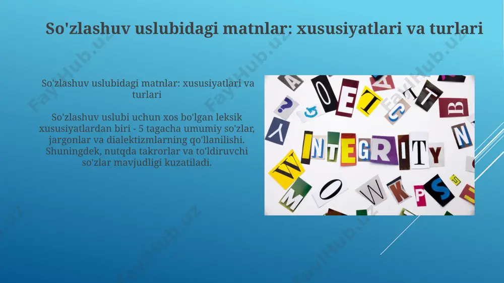 ipologiyasi 1) tarjima jarayonida ahamiyatga ega, chunki matn turini aniqlash tarjimonlarga maqsadli auditoriya uchun eng mos 2) uslub va 3) ohangni tanlashga yordam beradi. rasmiy ish yuritish matnlari: xususiyatlari va turlari rasmiy ish yuritish matnlari davlat organlari, korxonalar va tashkilotlar faoliyatida qo'llaniladi. ularning asosiy xususiyati aniqlik, qisqalik va standartlashtirilgandir. kamida 2-3 ta uslubiy talabga javob berishi shart. rasmiy ish yuritish matnlari: xususiyatlari va turlari funksional uslublar bo'yicha matnlar tasnifi rasmiy ish yuritish uslubi hujjatlar, qonunlar va farmoyishlar kabi matnlarni o'z ichiga oladi. unda aniqlik va qat'iylik muhim. bu uslubda 2 ta asosiy xususiyat mavjud: aniqlik va standartlik. funktsional uslublar bo'yicha matnlar tasnifi badiiy matnlar: xususiyatlari va turlari badiiy matnlar estetikaning 5 ta asosiy funktsiyasini bajaradi: axborot, tarbiya, ilhomlantirish, zavq berish va baholash. ushbu matnlarda 4 ta asosiy stilistik vosita qo'llaniladi: metafora, metonimiya, sinekdoxa va ironiya. badiiy matnlarning turlari janrga qarab farqlanadi. masalan, roman, hikoya (epika), komediya, tragediya (drama), gʻazal, ruboiy …