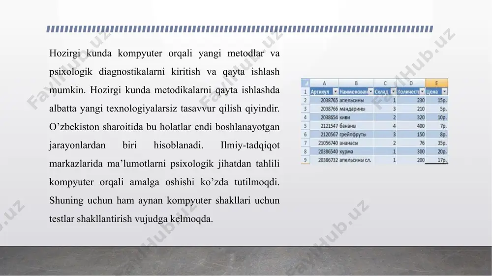 berish va boshqalar. ikkinchi soha – natijalarni tahlil qilish. hozirgi kunda natijalarni tahlil qilish jarayonida turli xil muammolarni kuzatish imkoniyati mavjud. bu muammolar sifati psixologik diagnostikadagi statistik misollar kompyuter orqali tahlil qilinishi mumkin. statistik muammolar qonun qoidasi bir tomonlama ko’rinishi tahlil qilishi mumkin. bu qonun qoidalarni buzilishi ob’ektivlik holatlarini shakllantirilishini kuzatishimiz mumkin. uchinchi soha – natijalarning tahlili. professional psixodagnostika sohalarida psixologlar individning boshqa faoliyatiga ta’sirini kuzatishimiz mumkin. psixologlar orasida individual farqlar insonlarning qobiliyati turlicha bo’lishi aniqlashtirilishi mumkin. har bir kasb uchun o’zining optimal psixologik, psixofiziologik va shaxsiy xususiyat va qobiliyatlar unga yangi imkoniyatlarini shakllantirishi mumkin. bu sharoitda kasblar olamida psixologik tahlillar taklif qilinishi mumkin. excel haqida tushuncha. zamonaviy komp`yuterlarning dasturiy ta`minotining tarkibiy qismiga kiruvchi microsoft office paketidagi asosiy vositalardan biri jadval prosessori deb ataluvchi excel dasturidir. excelwindows operasion qobig’i boshqaruvida elektron jadvallarni tayyorlash va ularga ishlov berishga mo’ljallangan.1997-yil microsoft firmasi tomonidan excel dasturi taqdim etildi, u hozirgi kunda ham oʻz …