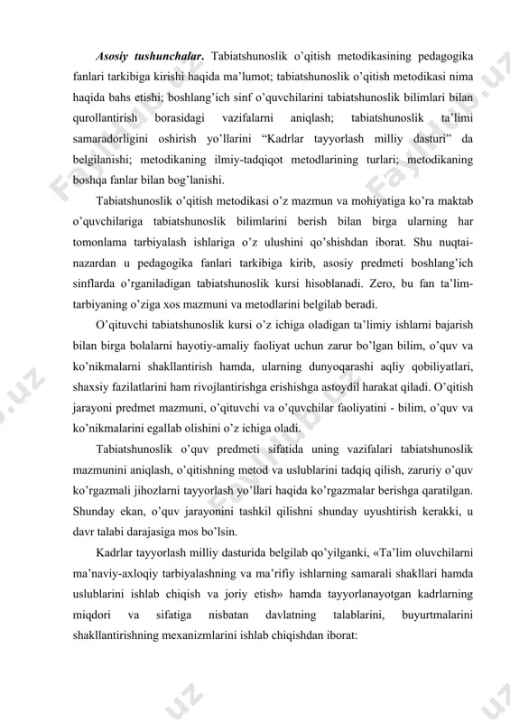 zmali jihozlarni tayyorlash yo’llari haqida ko’rgazmalar berishga qaratilgan. shunday ekan, o’quv jarayonini tashkil qilishni shunday uyushtirish kerakki, u davr talabi darajasiga mos bo’lsin. kadrlar tayyorlash milliy dasturida belgilab qo’yilganki, «ta’lim oluvchilarni ma’naviy-axloqiy tarbiyalashning va ma’rifiy ishlarning samarali shakllari hamda uslublarini ishlab chiqish va joriy etish» hamda tayyorlanayotgan kadrlarning miqdori va sifatiga nisbatan davlatning talablarini, buyurtmalarini shakllantirishning mexanizmlarini ishlab chiqishdan iborat: milliy dasturda boshlang’ich ta’limni amalga oshirish jarayonida «o’quvchilarning fanlar asoslari bo’yicha muntazam bilim olishlarini, ularda bilim o’zlashtirish ehtiyojini, asosiy o’quv-ilmiy, milliy va umumbashariy qadriyatlarga asoslangan ma’naviy-axloqiy fazilatlarni, mehnat ko’nikmalarini, ijodiy fikrlash va atrof-muhitga ongli munosabatda bo’lishni va kasb tanlashni shakllantiradi» deb qayd etilgan ekan, tabiatshunoslik o’qitilishida ham bu vazifa. tabiatshunoslik o’qitish metodikasi didaktik printsinlarga tayanadi, ya’ni bolalarning ta’lim-tarbiyasining umumiy qonuniyatlarini ochib beradigan fan - bu didaktika hisoblanadi. tabiatshunoslikni mazmuni o’ziga xos xususiyatga ega bo’lib, metodikasi esa maktab predmeti mazmuniga asoslanib, kichik maktab o’quvchilarini ta’lim-tarbiyasi va rivojlanish sistemasi mohiyatini ochib beradigan …