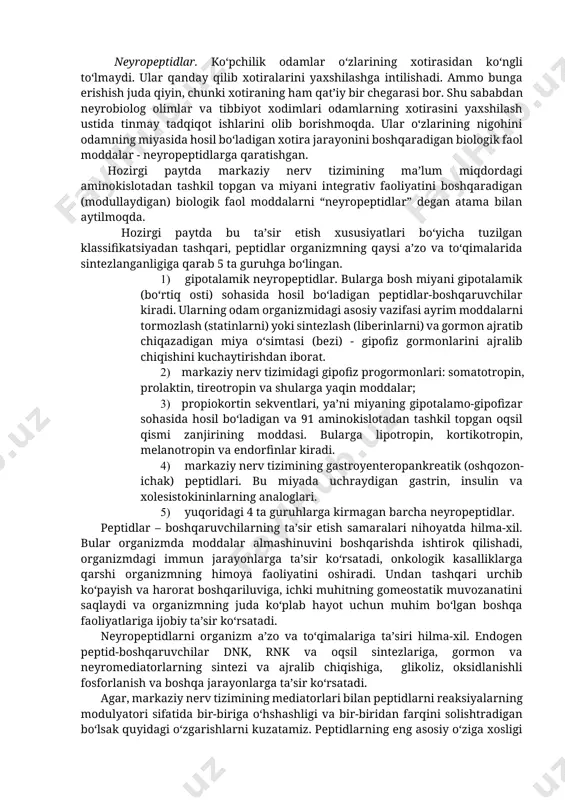 ‘tkazish juda murakkab jarayon. qisqa muddatli xotiraning hajmi juda ham oz bo‘lib, bir necha saqlanish birligini tashkil qilsa, uzoq muddatli xotirada saqlanadigan axborotning hajm chegarasi milliardlab saqlash birligiga teng, lekin shunga qaramasdan, kerakli axborot anchagina tez topiladi. uzoq muddatli xotira sinapslarning o‘tkazuvchanligiga bog‘liq. o‘rgatish jarayoni sinapslarda faol xolinoretseptorlarning sonini ko‘paytiradi, po‘stloq neyronlarning asetilxolinga sezgirligini kuchaytiradi. bu eslab qolishni yaxshilaydi. atsetilxolinning antagonistlari xotirani shikastlab, xotirani yo‘qolishga (amneziyaga) olib keladi. uzoq muddatli xotira mexanizmlarida katexolaminergik va serotoninergik tuzilmalar ham ishtirok qiladi. noradrenalin shartli signal yuzaga chiqargan qo‘zg‘alish vaqtini uzaytiradi va shu yo‘l bilan tezlashtirib, hosil bo‘lgan ko‘nikmalarning xotirada saqlanishini ta’minlaydi. yuqoridagilarning barchasida obrazlarni, jismlarni va hodisalarni muhrlanib qolishi sodir bo‘ladi va u, o‘z tarkibiga 3 davrni: engrammani shakllantirish, yangi axborotni turiga qarab bo‘lish va ajratish, shakllantirish uchun muxim axborotni uzoq muddat saqlashni qamrab oladi. uzoq muddatli xotira asosida bosh miyaning tizimli va hujayra darajalaridagi juda murakkab tarkibiy-kimyoviy o‘zgarishlari yotadi. xotiraning fazaligi (qisqa …