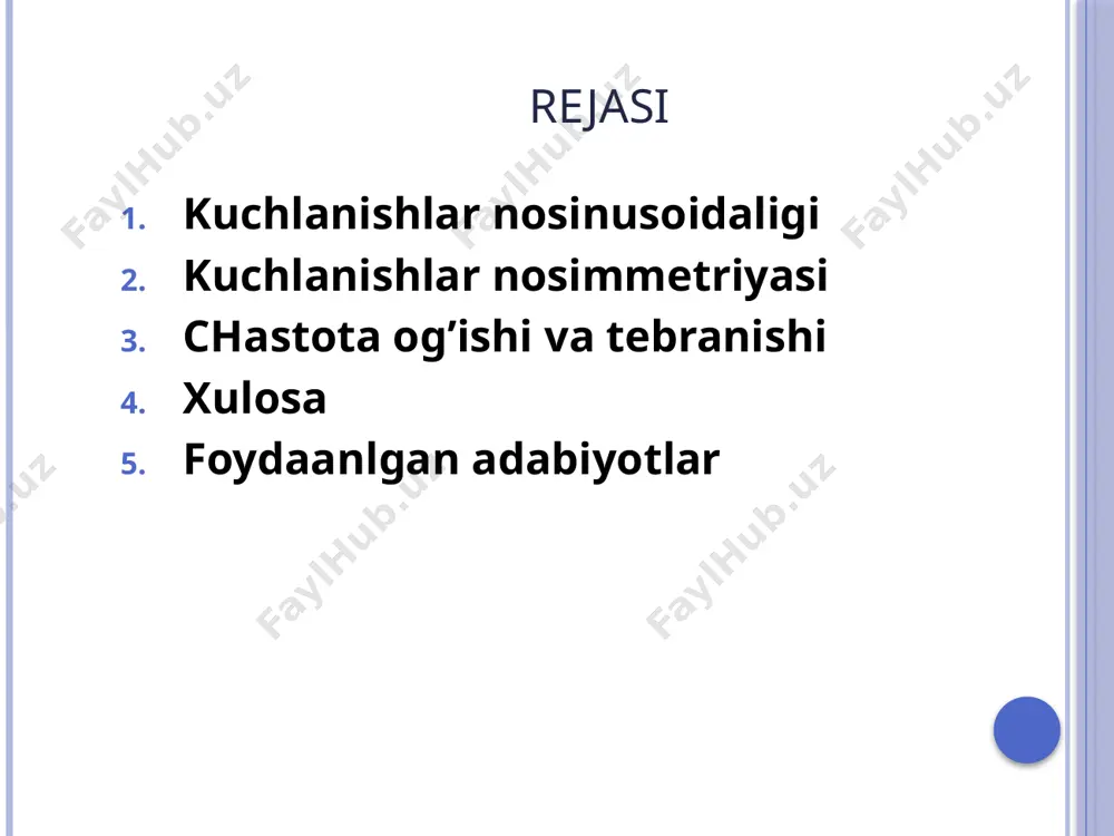 kin : nosimmetrik tizimda teskari ketma-ketlik tashkil etuvchisi xosil qiladigan tok ites toʻg’ri ketma-ketlik toki it ga qoʻshilib, ets elementlarida oʻta yuklanishi xosil qilishi mumkin. shuning uchun utes2% yoʻl qoʻyiladi. amaliy maqsadlarga ba’zan nosimmetriya koeffitsienti topiladi : bu yerda: sbyu - 1 fazali ei lar yuklamasi; sk - podstantsiya shinasidagi qisqa tutashuv quvvati. quvvatlar orqali nosimmetriya koeffitsienti-ning yoʻl qoʻyiladigan qiymati:   5% nosimmetriyani kamaytirish yoʻllari quyidagi-lar : imkon boʻlsa, katta quvvatli bir fazali ei larni aloxida liniyalar bilan manbaga ulash. manba sifatida bpp yoki rayon podstantsiyasi boʻlishi mumkin. bir fazali ei larni fazalarga teng taqsimlash. maxsus simmetriyalovchi q chastota og’ishi va tebranishi elektr toki chastotasining nominal qiymati 50 gts (60 gts) ga teng. chastotaning sekundiga 0.1 gts dan kichik tezlik bilan uzgarishi chastota og’ishi deyiladi. chastotaning sekundiga 0.1 gts dan ortiq tezlik bilan oʻzgarishi chastota tebranishi deyiladi. nominal chastotadan 0.1 gts miqdorda chastota og’ishiga yoʻl qoʻyiladi (chastota 49.950.1 gts …