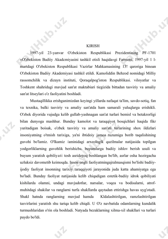 badiiy idrok qobiliyati kishilarda olamni, undagi mavjudotlar, narsalar, voqea va bodisalarni, atrof-muhitdagi shakilar va ranglarni turfa shakllarda qaytadan ettirishga havas uyg'otadi. shakl hatnda ranglarning mavjud hamda kldalashtirilgan, ramzlashtirilgan tasvirlarini yaratish shu tariqa kelib chiqdi. u o'z navbatida odamlarning kundalik turmushlaridan o'rin ola boshladi. natyada bezaklarning xilma-xil shakllari va turlari paydo bo'ldi. mavzu dolzarbligi. an’anaviy xalq san’atini o’rganish o’quvchilarda barqaror qiziqish uyg’otadi, ularga o’z xalqining badiiy madaniyati xususiyatlarini tushunishda, san’at asarlarini bilib olishda yordam beradi. mavzuning vazifalari. amaliy san’atning boshqa turlari kabi badiiy naqqoshlik mashg’ulotlari ham bolalarning estetik va badiiy didini tarbiyalaydi. ularning keying ijtimoiy va ishlab chiqarish sohalaridagi mehnat faoliyatlari uchun mustahkam zamin tayyorlaydi. badiiy didi o’sgan, ijodiy qobilyatga va texnik malakalarga ega bo’lgan kishi ana shu sifatlarga ega bo’lmagan kishilarga qaraganda samaraliroq va sifatliroq ishlashi isbotlangan. i. bob. 1.1. . kasb hunar kollejlarida naqqoshlik mashg’ulotlarini olib borishda, naqqoshlik tarixi va maktablarining ta’lim tizimida tutgan o’rni o’zbek xalqining ko’p asrlik …