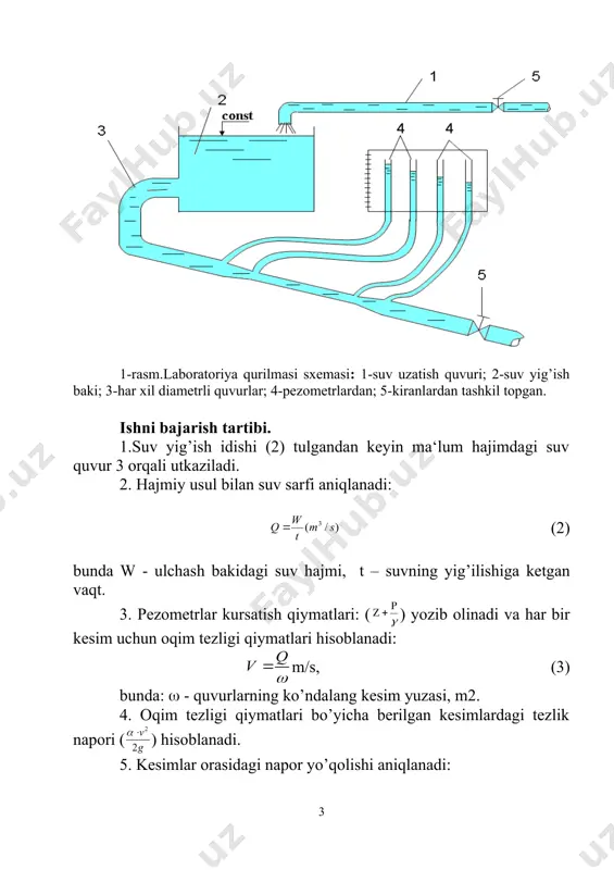 nadi: , (2.2) bu yerda ( -shisha quvurning kesim yuzasi, . (2.3) d -shisha quvurning ichki diametri. 6. shisha quvurdagi kran asta-sekin ochilib boriladi va oqimning turbulent harakatiga erishiladi va bu harakat sharoitida sekundomer qushiladi, ma‘lum vaqt oralig’ida utgan suv hajmi, sarfi va oqimning o’rtacha tezligi yuqoridagi tartibda aniqlanadi. 7. har bir tajriba uchun reynolds soni re = formula yordamida topiladi. 8. tajribadagi o’lchashlar va hisoblash natijalari 2.2-jadvalda keltiriladi. 2.2-jadval № w, sm t, sek q, sm3/s (, sm2 (, sm/s t0s (, sm2/s re suv rejimi 1 5000 112 44,6 12,56 3,55 15 0,0114 1246 laminar 2 5000 73 68,5 12,56 5,45 15 0,0114 1913 laminar 3 5000 59 84,7 12,56 6,74 15 0,0114 2366 turbulent 3-laboratoriya ishi gidravlik ishqalanish koeffitsiyenti va quvur uzunligi bo‘yicha yo‘qotilgan energiya(napor)ni aniqlash ishning maqsadi. quvurning uzunligi bo’yicha gidravlik qarshilik koeffitsientini tajribada aniqlash. umumiy ma‘lumotlar. belgilangan ikkita 1-1 va 2-2 kesimlar orasidagi oqimning to’liq …