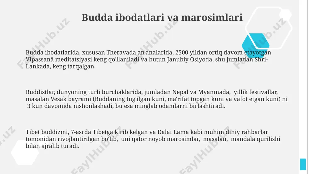 r edi, ular qat'iy buddist ta'limoti va asketizmga amal qilishgan. sri lankadagi anuradhapuradagi monastirlarda rohiblar "vinaya-pitaka" qoidalariga muvofiq, kuniga 8 soatdan ortiq meditatsiya va diniy amallarga bag'ishlashgan. budda monastirlari, masalan, nepalning lumbini shahridagi mayadevi ma'badi yaqinidagi monastirlar, ming yillar davomida 1000 dan ortiq rohiblarga uy bo'lib xizmat qilgan. e'tiboringiz uchun rahmat @taqdimot_robot
