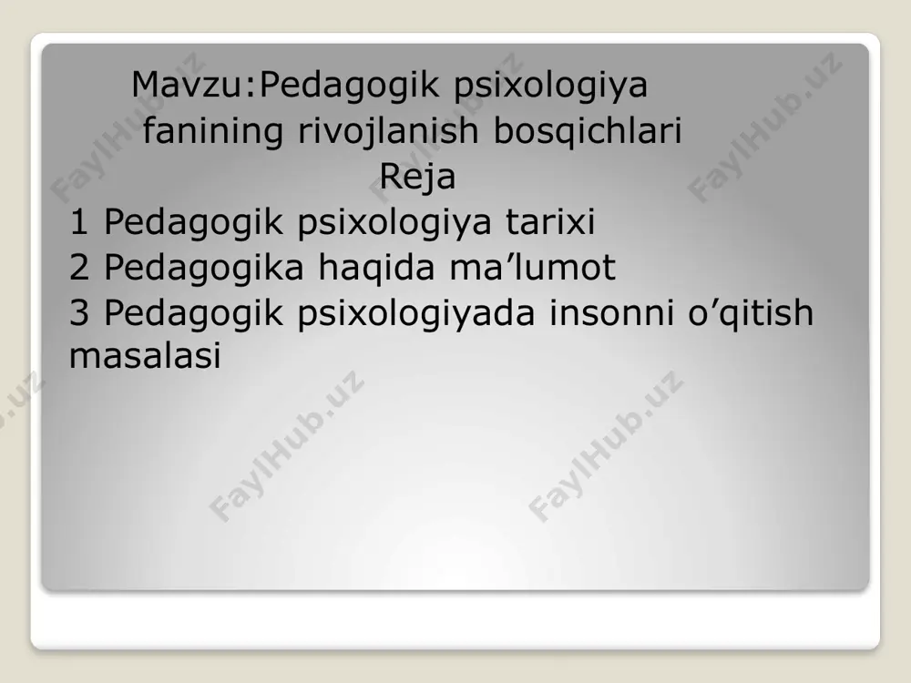 etadi. uning fikricha, psixologiya fanining asosiy vazifasi tarbiyaning maqsadini aniqlashga, ta’lim-tarbiya natijalarini to‘g‘ri baxolashga, shular asosida yangi metod va usullar yaratishga, pedagogik tajribani tahlil qilish va umumlashtirishda muhim o‘rin tutadi deb aytadi. k.d.ushinskiyning «inson tarbiya predmetidir» asarida pedagogik ta’sir jarayoni hisoblangan insonning psixologik xususiyatlari, uning o‘ziga xos tomonlari o‘z aksini topgan. shuningdek, rossiyada ilmiy psixologiyani rivojlantirishda n.f.kapterev, n.a.sikorskiy, a.p.nechaev, a.f.lazurskiy, p.f.lesgaft, i.m.sechenov, i.p.pavlov, p.p.blonskiy singari olimlar bu borada o‘zlarining munosib hissalarini qo‘shganlar. ta’kidlash joizki, ayniksa, l.s.vigotskiy, s.l.rubinshteyn, a.r.luriya, a.n leontev, m.ya.basovlar tomonidan yaratilgan yangi ilmiy nazariyalar, chunonchi psixikaning madaniy-tarixiy rivojlanish va taraqqiyotning o‘zaro munosabat nazariyasi, psixik taraqqiyotda faoliyatning mavqyei singari ilmiy-nazariy qarashlari hozirgi kun yosh davrlar psixologiyasi va pedagogik psixologiya fanining tayanch tushunchalaridandir. o‘tgan asrning o‘rtalarida vujudga kelgan turli nazariyalar, qarashlar, o‘quv faoliyati va ta’limning talqinlari (d.n.bog‘oyavlenskiy, n.a.menchinskaya, p.ya.galperin, z.i.kalmikova, n.f.talizina, d.b.elkonin v.v.davidov, l.v.zankov, l.n.landa, a.a.lyublinskaya, n.v.ko‘zmina va boshqalar) nafakat pedagogik tajribani, balki psixologiya fanining bu tarmogini ilmiy-amaliy boyitishga asos …
