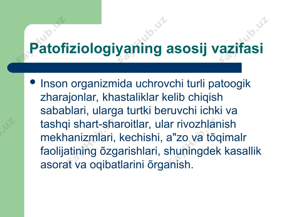 к ва функционал хусусиятларининг узоќ муддатга меъёр чегараларидан чиќиши типик патологик жараёнлар шикастловчи агентнинг табиатига ва шикастланиш жойидан ќатъий назар бир хил механизм ва бир хил кўринишда кечадиган патологик жараёнлар (яллиѓланиш, ўсма, гипоксия ва б.) касаллик даврлари латент продромал касаллик белгилари яќќол юзага чиќќан давр касаллик натижаси касаллик натижалари тўлиќ тузалиш чала тузалиш рецидив ремиссия асоратларнинг юзага келиши ўлим соѓайиш механизмлари тез ишга тушувчи (рефлектор химоя-адаптация реакциялари); узоќ муддатли (йўќолган функцияларнинг компенсацияси) касаллик таснифлаш асослари сабабга кўра патогенез асосий босќичига кўра хасталик локализациясига кўра касаллар ёшига кўра касаллик давомийлигига кўра турлари жадал ривожланувчи (минут-соат) дархол ривожланувчи(соат-3-4 кун) ўткир ривожланувчи (5-14 кун) тез ривожланувчи (15-40 кун) сурункали (ой-йил) лекция 3 умумий этиология этиология aitía — сабаб lоgos — таълимот умумий этиология касаллик сабаби ва келиб чикишида ахамиятга эга булган шарт-шароитлар хакидаги таълимот. касаллик сабаби бу маълум шарт-шароитларда организмга таъсир этган омилнинг касаллик ривожига туртки беришидир. касаллик сабаблари хакидаги карашлар пайдо булиши …