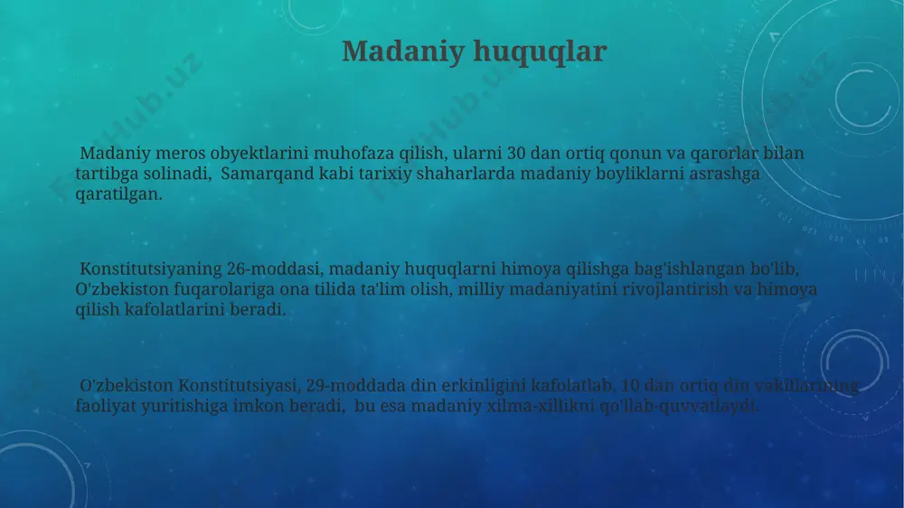 yozishmalarining sir saqlanishini kafolatlaydi va bu huquqlarning buzilishiga qarshi sud himoyasini taʼminlaydi, masalan, toshkent shahrida yuz berishi mumkin boʻlgan huquqbuzarliklarga nisbatan. konstitutsiyaning 24-moddasi boʻyicha, oʻzbekistonda har bir shaxs qonun oldida teng huquqlidir va millati, irqi, jinsi, tili, dini, ijtimoiy kelib chiqishi va boshqa holatlarga koʻra kamsitilishiga yoʻl qoʻyilmaydi, bu esa 5 ta mintaqada yashovchi 10 milliondan ortiq fuqarolar uchun muhimdir. xalqaro huquq normalari va konstitutsiyaviy kafolatlar o'zbekiston respublikasi konstitutsiyasi, 26-moddasi, shaxsning huquq va erkinliklarini ta'minlashda xalqaro huquq normalariga muvofiqlikni kafolatlaydi, jumladan, 1948 yilgi inson huquqlari umumjahon deklaratsiyasi prinsiplarini qo'llaydi. 1995 yilgi jinoyat kodeksi, xalqaro huquq normalariga muvofiq, inson huquqlarini buzganlik uchun 5 dan 15 yilgacha ozodlikdan mahrum qilish jazoini nazarda tutadi, shu bilan birga, shaxsning hayot huquqini himoya qilishni ta'minlaydi. konstitutsiyaning 25-moddasi fuqarolarga milliy va diniy mansubliklariga qaramasdan, teng huquq va erkinliklarni kafolatlaydi, bu esa xalqaro huquqning asosiy tamoyillariga mos keladi, masalan, bmtning irqiy kamsitishlarga qarshi konvensiyasi talablariga. e'tiboringiz uchun …
