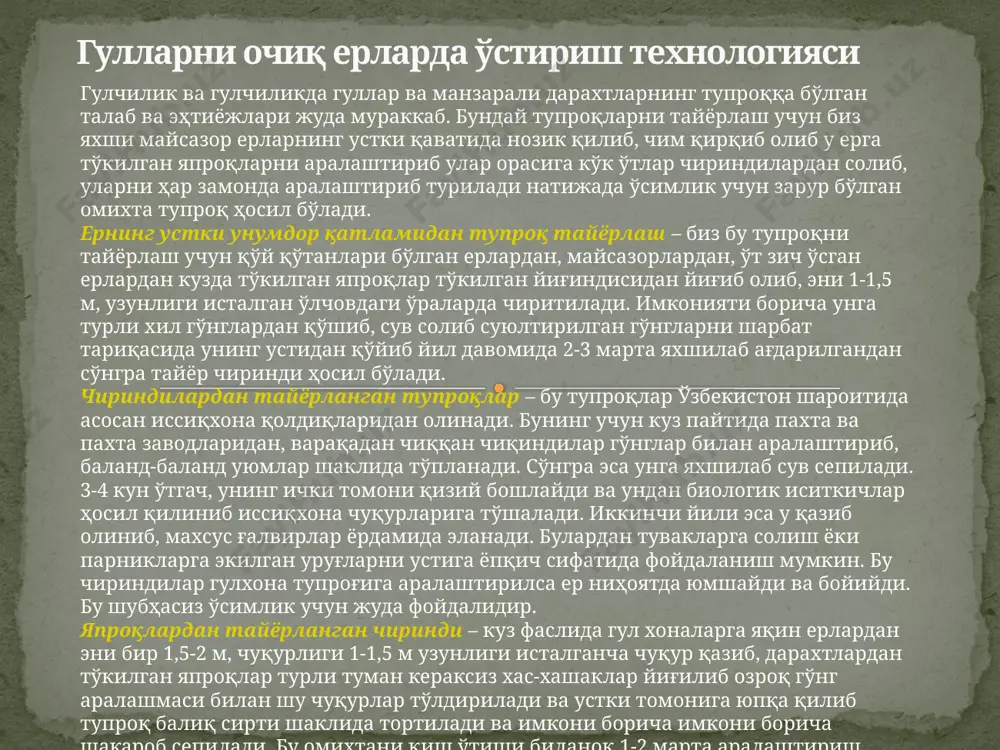 , бута, кўкат девор ўсимликлари, ўтчил ўсимликлар доимо суғориб туришни талаб этади. ўсиш даврида бу ўсимликлар 6-8 марта 1м2 да 100-150 г миқдорда сув қўйиб суғорилади. ўсиш шароити оғир бўлган яъни асфальтланган йўлча билан ичи циментланган ариқ ўртасида қолган кўча дарахтлари сувли ариқларга қанчалик яқин бўлишидан қатъий назар дарахт танаси теваригида алоҳида қазилган ариқлардан ҳар ёзда камида 6-8 марта суғорилади. ҳар галги суғориш олдиндан дарахт теварагидги айлана ариқ тикланиб сув билан тўлдирилади. бу сув сингиб кетгач ариқ яна бекитилиб устига қуруқ тупроқ ёки қипиқ сочиб қўйилади. шундай қилинганда дарахт таги тез қуриб кечмайди. янги ўтқазилган ёш дарахт, бута ўсимлиги ва кўкат девор ўсимликлари етарли даражада суғориб турганда жуда тез ўсиб кетади. ёз давомида дарахт япроқлари чанг билан қалин қопланиб хиралашиб қолади. шунинг учун унинг устига сунъий равишда ёмғир ёғдириш керак бу иш ўсимликни яшил рангини қайтарибгина қолмай балки унинг умрини узайтиради. гулли ўсимликларни суғоришда иложи борича кечқурун сув қўйиш лозим. …