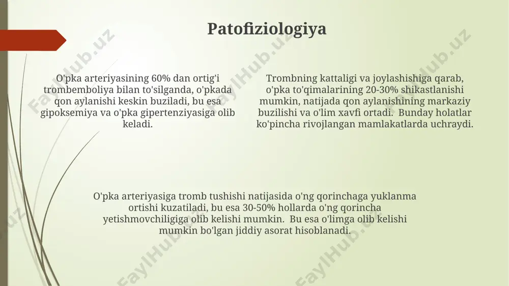 shxis qo'yishda yordam beradi va shimoliy amerika mamlakatlarida keng tarqalgan. o'pka arteriyasi emboliyasi tashxisini qo'yishda d-dimer tekshiruvi 50 yoshdan oshgan bemorlarda, chuqur tomir trombozi belgilariga ega bo'lganlarda yoki past ehtimolli guruhlarda yuqori salbiy prognozga ega. o'pka emboliyasi nima? o'pka emboliyasi, o'pka arteriyalarining qon quyqalari bilan to'silib qolishi bo'lib, yiliga 100,000 kishidan 600,000 kishigacha ta'sir qiladi va dunyoning ko'plab mamlakatlarida, shu jumladan o'zbekistonda ham uchraydi. bu holat, oyoq tomirlaridan kelib chiqqan tromblarning o'pkaga yetib borishi natijasida yuzaga keladi va 50 yoshdan oshgan ayollarda ko'proq kuzatiladi, bu esa o'limga olib kelishi mumkin bo'lgan jiddiy holatdir. o'pka emboliyasi, nafas qisilishi, ko'krak og'rig'i va tez yurak urishi kabi alomatlar bilan namoyon bo'ladi va tezkor tibbiy yordamni talab qiladi, chunki davolashning kechikishi o'lim xavfini oshiradi. bemorlarni kuzatish bemorlarning 15% gacha boʻlgan qismida oyoqlarda shish va ogʻriq kuzatilib, bu toshkent shahridagi shifoxonalarda pe ning erta aniqlanishiga yordam beradi. bemorlarda nafas olish tezligining 20 dan yuqori boʻlishi, …