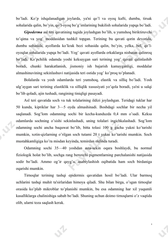 arni toza saqlash kerak. terining vazifasi teri organizmda xilma-xil: himoya, sezish, ayirish, nafas olish va chiqarish, tana haroratining doimiyligini ta'minlash kabi funksiyalarni bajaradi. terining himoya vazifasi. teri odam tanasining ustki qismini qoplab turadi va uning ostida joylashgan barcha to’qimalarni tashqi muhitning noqulay (kimyoviy, fizik, mexanik) ta'siridan hamda mikroblar kirishidan himoya qiladi. terining sezish vazifasi. terida to’rt xil ta'sirni sezuvchi retseptorlar joylashgan: ular og’riqni, issiqni, sovuqni sezuvchi va taktil retseptorlardir. teri retseptorlari tashqi muhitning turli xil ta'siriga moslashish xususiyatiga ega. shundan foydalangan holda organizmni tashqi muhitning issiq va sovuq ta'siriga chiniqtirish mumkin. bundan tashqari, bokschilar uzoq muddat davomida mashg’ulot o’tkazishi natijasida ular terisidagi retseptorlarning og’riq sezish xususiyati pasayadi. retseptorlarning tashqi muhit ta'siriga bunday moslashishi adaptatsiya deb ataladi. ana shu adaptatsiya xususiyati odamning har xil (issiq, sovuq) sharoitga moslashishini ta'minlaydi. terining ayirish vazifasi. yuqorida aytilganidek, asl teri qavatida ter bezlari joylashgan bo’lib, ularning soni tananing turli sohalarida har xil bo’ladi. ter bezlari …