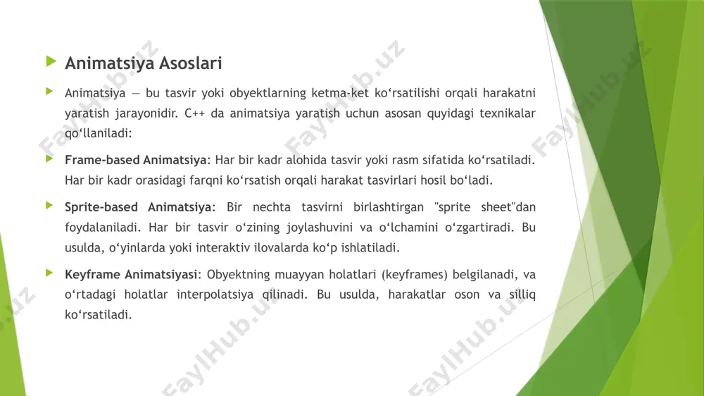 gi mumkin. har bir platformaning o‘ziga xos grafik drayverlari yoki resurs cheklovlari mavjud. - kutubxona va texnologiyalar mos kelmasligi sfml, sdl, opengl kabi grafik kutubxonalar har doim yangilanib turadi. yangi operatsion tizim versiyalari eski kutubxonalarni qo‘llab-quvvatlamasligi mumkin. 2. dizayn va foydalanuvchi tajribasi muammolari - haddan tashqari animatsiya juda ko‘p harakat va effektlar foydalanuvchini charchatadi yoki e'tiborini chalg‘itadi. yengil va tabiiy animatsiyalar foydalanuvchi tajribasini yaxshilaydi. - rang va grafik xatoliklari ranglar kontrasti noto‘g‘ri tanlansa, animatsiya matni yoki sahnadagi elementlar o‘qilmay qoladi. ko‘rish qobiliyati past foydalanuvchilar uchun maxsus dizayn talab etiladi (accessibility). - animatsiya tezligi va vaqt muammosi juda tez animatsiyalar foydalanuvchini chalkashtiradi. juda sekin animatsiyalar esa zeriktiradi. 3. resurs va optimizatsiya muammolari - fayl o‘lchami multimedia fayllar (video, animatsiya, audio) juda katta o‘lchamga ega bo‘lishi mumkin. internetdan yuklanishi sekinlashadi, ilova hajmi ortadi. - yuklanish vaqti og‘ir animatsiyalar sahifaning yoki ilovaning yuklanish vaqtini ko‘paytiradi. foydalanuvchi kutishga majbur bo‘lsa, ilovani tark etishi mumkin. …