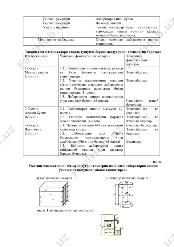лдаги тоғ жинсининг ўртача зичлигини намуналарни парафинлаб, уларнинг парафин суртилмасдан олдинги ва кейинги массаси, сиқиб чиқарилган хажми аниқланиб, олинган натижалар асосида табиий тоғ жинсининг ўртача зичлиги аниқланади. ўқитиш воситалари лаборатория иши матни, доска, компьютер слайдлар. ўқитиш усуллари лаборатория иши, сўров. ўқитиш шакллари жамоада ишлаш. ўқитиш шароити техник воситалар билан таъминланган, гуруҳларда ишлаш усулини қўллаш мумкин бўлган аудитория. мониторинг ва баҳолаш оғзаки саволлар, лаборатория ишини топшириш. табиий тош материаллари ҳақида тушунча бериш мавзусининг технологик харитаси иш босқичлари ўқитувчи фаолиятининг мазмуни тингловчи фаолиятининг мазмуни 1-босқич мавзуга кириш (10 мин) 1.1. лаборатория ишини мавзуси, режаси ва ўқув фаолияти натижаларини тушунтиради. 1.2. ўқитиш фаолиятининг мазмуни тўғри геометрик шаклдаги лаборатория ишини ўтказишда намуналар билан таништиради. (1-илова). 1.3. лаборатория ишини жонлантириш учун саволлар беради. (2-илова). тинглайдилар. тинглайдилар. саволларга жавоб берадилар. 2-босқич. асосий бўлим (60 мин) 2.1. лаборатория ишини мазмуни (3-илова). 2.2. олинган натижаларни формула орқали хисоблаш. (4-илова) тинглайдилар ва ёзадилар. тинглайдилар ва жавоб берадилар. 3-босқич. якунловчи …
