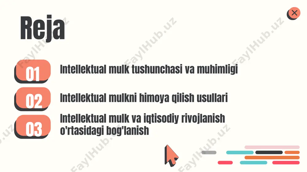 ntlar yangi ixtirolar uchun, mualliflik huquqi asarlarga, brendlar esa mahsulotlar va xizmatlarni ajratish uchun mo'ljallangan. savdo sirlarini himoya qilish esa maxfiy ma'lumotlarni saqlashga qaratilgan. himoya usullarini tanlashda ularning afzalliklari va kamchiliklarini hisobga olish muhim. har bir usulning qo'llanilishi va afzalliklari, shuningdek, qanday sharoitlarda eng yaxshi natijalar beradi. photo by abdulsamad aliyu on unsplash 1 2 3 himoya qilish usullarining ta'siri • intellektual mulkni himoya qilish usullarining iqtisodiy ta'siri: tadbirkorlikni rivojlantirish va innovatsiyalarni rag'batlantirish. • kompaniyalar o'z g'oyalarini va mahsulotlarini himoya qilib, bozorda raqobatbardosh bo'lish imkoniyatiga ega bo'ladilar. • boshqa mamlakatlar tajribalari orqali olingan darslar: muvaffaqiyatli intellektual mulkni himoya qilish strategiyalari. • kelajakda himoya usullarining o'zgarishi va rivojlanishi: raqamli texnologiyalar va global hamkorlik. intellektual mulk va iqtisodiy rivojlanish intellektual mulk iqtisodiy rivojlanishda muhim rol o'ynaydi. u innovatsiyalarni rag'batlantiradi va investitsiyalarni jalb qiladi. bunda quyidagi jihatlar ahamiyatga ega: - intellektual mulk orqali yangi mahsulotlar va xizmatlar yaratiladi. - u iqtisodiy o'sishni qo'llab-quvvatlaydi …
