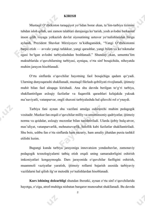 i. shu bois, ushbu fan o‘rta sinflarda ham nazariy, ham amaliy jihatdan puxta tashkil etilishi lozim. bugungi kunda tarbiya jarayoniga innovatsion yondashuvlar, zamonaviy pedagogik texnologiyalarni tatbiq etish orqali uning samaradorligini oshirish imkoniyatlari kengaymoqda. dars jarayonida o‘quvchilar faolligini oshirish, muammoli vaziyatlar yaratish, ijtimoiy rollarni bajarish asosida tarbiyaviy vazifalarni hal qilish ilg‘or metodik yo‘nalishlardan hisoblanadi. kurs ishining dolzarbligi shundan iboratki, aynan o‘rta sinf o‘quvchilarida hayotga, o‘ziga, atrof-muhitga nisbatan barqaror munosabat shakllanadi. bu davrda berilgan to‘g‘ri tarbiya nafaqat o‘quvchining shaxs sifatida kamol topishiga, balki jamiyatning barqaror va sog‘lom rivojlanishiga ham xizmat qiladi. kurs ishining maqsadi: umumta’lim maktablarining o‘rta sinflarida tarbiya fanini o‘qitishning samarali metodikasini ilmiy-nazariy asoslarda o‘rganish, amaliy tajribalarni tahlil qilish hamda innovatsion yondashuvlar asosida takliflar ishlab chiqish. kurs ishining obyekti: umumta’lim maktablarining o‘rta sinf bosqichida olib boriladigan tarbiyaviy faoliyat. kurs ishining predmeti: o‘rta sinflarda tarbiya fanini o‘qitish jarayonida qo‘llaniladigan metodlar, vositalar va pedagogik yondashuvlar. kurs ishining vazifalari: 1. tarbiya fanining mazmun-mohiyatini hamda …