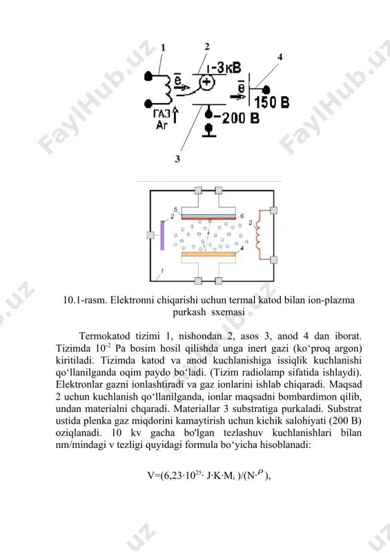 rt gazi (ko‘proq argon) kiritiladi. tizimda katod va anod kuchlanishiga issiqlik kuchlanishi qo‘llanilganda oqim paydo bo‘ladi. (tizim radiolamp sifatida ishlaydi). elektronlar gazni ionlashtiradi va gaz ionlarini ishlab chiqaradi. maqsad 2 uchun kuchlanish qo‘llanilganda, ionlar maqsadni bombardimon qilib, undan materialni chqaradi. materiallar 3 substratiga purkaladi. substrat ustida plenka gaz miqdorini kamaytirish uchun kichik salohiyati (200 b) oziqlanadi. 10 kv gacha bo'lgan tezlashuv kuchlanishlari bilan nm/mindagi v tezligi quyidagi formula bo‘yicha hisoblanadi: v=(6,23·1025· j·k·mi )/(n·), bu yerda: j- tok zichligi (а/m2), n-avogadro soni n=6·1023, - material zichligi kg/m3. tizimning muhim ko'rsatkichi uning gaz tejamkorligi hisoblanadi, chunki tizim elementlaridan chiqarilgan barcha gaz va gaz vakuum nasoslari bilan pompalanishi kerak. h" gaz iqtisodiyoti n + ionlarining n gaz atomlarining umumiy soniga nisbati. h=n+/n oddiy sharoitlarda gaz atomlarining soni 2,6·1019 1/см3 ni tashkil qiladi. ion-plazma bilan purkash paytida ionlanish koeffitsiyenti 10% ga yetishi mumkin. tadqiqot qismi tajribalar odatdagi vakuumli urm tipidagi qurilmalarda olib boriladi. tarkibiy …