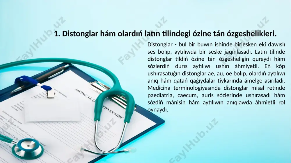 sesti anlatadi. latın tilinde eń kóp ushırasatuǵın digraflar ch, ph, th, rh bolıp, olar aytılıwda ayrıqsha áhmietke ie. mısal retinde, phalanx sózinde ph, thorax sózinde th, rheuma sózinde rh digrafları anıq aytılıwdı belgileydi. digraflardıń durıs aytılıwı medicina terminologiyasında sózdiń mánisin anıqlaw ushın júdá áhmietli. 2. digraflar hám olardıń aytılıwdaǵı roli. digraflar aytılıp atırǵanda, olardı eki ayırım hárip sıpatında emes, al bir ses sıpatında aytıw kerek. mısalı, ch kóbinese "k" yamasa "x" sesin beredi, ph bolsa "f" sıpatında aytıladı. sol sebepli, latın tilindegi medicina terminlerin duris aytiw digraflardı biliw menen tikkeley baylanıslı. digraflar jaziwda da ózine tán ózgeshelikke iye. olardı bólek kórsetiw aytılıwdı durıs sáwlelendiriwge járdem beredi. mısalı, phalanx sózinde ph digrafi sózdiń aytılıwın durıs ańlatadı hám sózdiń professional túsiniliwine tásir etedi. digraflardı úyreniw arqalı studentler medicina terminologiyasında sózlerdi anıq aytıwdı úyrenedi. sonıń menen birge, digraflar tildiń fonetikalıq sistemasında turaqlılıqtı jaratadı hám sózdiń anıqlıǵın saqlawǵa járdem beredi. durıs aytıw hám jazıw …