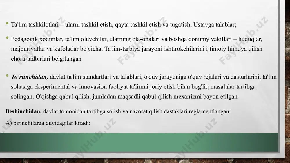 o'quv jarayonida kredit-modul tizimi joriy etiladi; pedagogik ta'limning 6ta yo'nalishi bo'yicha o'qish muddati 3 yil etib belgilanadi; 10ta otm o'zini-o'zi moliyalash tizimiga o'tib, kamida 5ta otm transformasiya qilinadi bundan tashqari, maktabgacha ta'lim yoshidagi bolalarni bog'chalarga qamrab olish ko'rsatkichini 60 foizga etkazish ko'zlanmoqda. shu bilan birga, 6 yoshli bolalarni maktabga tayyorlash tizimini joriy qilish davom ettiriladi. shu maqsadda 130 mlrd so'm mablag'ajratiladi. 2020 yilda 36ta yangi maktab qurilib, 216tasi kapital ta'mirdan chiqariladi. ushbu ishlarga esa 1,7 trln so'm mablag'sarflanishi rejalashtirilgan. joriy yilda 55ta xususiy maktab tashkil etilishi, ularning respublikadagi umumiy soni 141taga etkazilishi bildirildi. yuqori malakali o'qituvchilar maoshini yanada oshirish masalasi davom etadi. professional kasb-hunar ta'limda yangi tizim yo'lga qo'yiladi: 340ta kasb-hunar maktabi, 147ta kollej va 143ta texnikum tashkil etiladi. milliy malaka tizimi ishlab chiqiladi, natijada 9000ga yaqin kasblar bo'yicha kadrlar tayyorlanadi. tayyorladi: 350-23.sdi.uzb guruh talabasi oyxoʻjayeva malohat kadrlar tayyorlashning milliy modeli