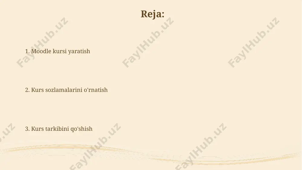 alar yaratish mumkin. moodle lmsga kirish moodle lmsga kirish uchun 2 ta asosiy usul mavjud: foydalanuvchi nomi va parol yoki tashqi identifikator (masalan, google hisobi) orqali. har ikkala usul ham xavfsizlik protokollari bilan himoyalangan. moodle saytiga kirganingizdan so'ng, siz 10 dan ortiq turli xil kurslarni, har biri o'ziga xos o'quv rejasi va resurslari bilan topishingiz mumkin. kurslarga ro'yxatdan o'tish jarayoni oddiy va tushunarli. ishchi dasturlarni qo'shish kursga qo'shilgan ishchi dasturlarni o'quv rejasiga muvofiq, mavzulashtirib, tartiblash mumkin va ularga tegishli bo'limlar va sarlavhalar qo'shish orqali tizimlashtirish mumkin. moodle’ga 3 ta turli fayl formatidagi (masalan, .pdf, .doc, .pptx) ishchi dasturlarni qo'shish mumkin, bu esa talabalarga kerakli materiallarga qulaylik bilan kirish imkonini beradi. vikilarni yaratish va tahrirlash vikilarga ta'riflar, lug'atlar va boshqa ma'lumotlarni qo'shish orqali, o'quvchilar uchun 20% ga yaqin qo'shimcha ma'lumotlar bilan ta'minlashingiz mumkin. vikilarni yaratishda 2 dan ortiq sarlavha va 5 tagacha bo'lim qo'shishingiz mumkin, har bir bo'limga matn, rasm va …