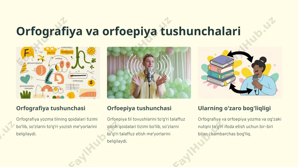 ada uning birxilligi va o'zgarmasligini ta'minlaydi. 5 orfografiya va orfoepiya bo'yicha qoidalarga amal qilishning ahamiyati to'g'ri yozuv orfografiya qoidalariga amal qilish nutq madaniyatini oshiradi, matnlar tushunarli va xatosiz bo'lishini ta'minlaydi. to'g'ri talaffuz orfoepiya qoidalariga rioya qilish so'zlarni to'g'ri va ifodali talaffuz etishga, so'zlashuv nutqining sifatli bo'lishiga olib keladi. til madaniyati orfografiya va orfoepiya qoidalariga amal qilish til madaniyatini oshiradi, jamiyatdagi kommunikatsiya samaradorligini ta'minlaydi. 6 orfografiya va orfoepiyaning til madaniyati va kommunikatsiya samaradorligidagi roli orfografiya va orfoepiya til madaniyatining muhim tarkibiy qismidir. ular til tizimining grafofonik tomonini belgilaydi va shu bilan nutqimizning aniq, tushunarli va mazmunli bo'lishiga xizmat qiladi. orfografiya va orfoepiya qoidalariga amal qilish yozma va og'zaki nutq samaradorligini oshiradi. bu esa o'z navbatida muloqot jarayonini yengillashtiradi va xabardorlik darajasini oshiradi. 7 hozirgi zamon orfografik va orfoepik masalalar zamonaviy orfografiya va orfoepiya masalalari so'z tarkibidagi o'zgarishlar, yozuv normalarini yangilash, yangi texnologiyalar taʼsiri, globallashuv jarayonlari kabi murakkab muammolarni o'z ichiga oladi. …