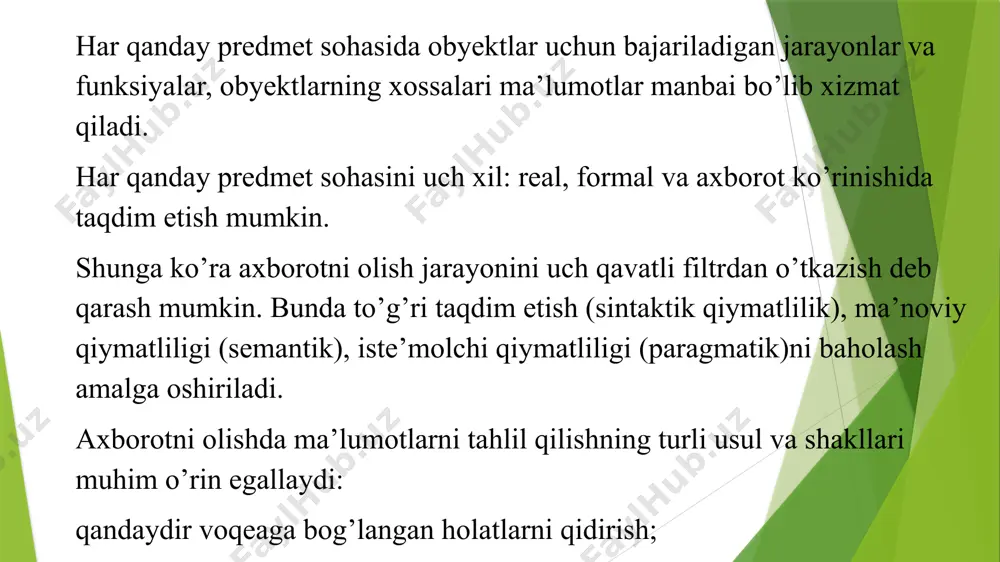 lar qanchalik yaxshi tashkil etilganligi texnologiyaning samaradorligini bildiradi. bu erda tabiiy jarayonlar nafaqat moddaning tarkibi, tuzilishi va shaklini o'zgartirish maqsadida, balki axborotni qayta ishlash va yangi axborot hosil qilish maqsadida ham boshqariladi. shuning uchun axborot texnologiyasini quyidagicha ta'riflash mumkin. axborot texnologiyasi - bu axboriy ma'lumotni bir ko'rinishdan ikkinchi, sifat jihatidan yangi ko'rinishga keltirish, axborotni yig'ish, qayta ishlash va uzatishning usul va vositalari majmuasidan foydalanish jarayonidir. axborot texnologiyasining vujudga kelishi va rivojlanishini belgilovchi ichki va tashqi omillar mavjud. ichki omillar – bu axborotning paydo bo’lishi (yaratilishi), turlari, xossalari, axborotlar bilan turli amallarni bajarish, ularni jamlash, uzatish, saqlsh va h.k. tashqi omillar - bu axborot texnologiyasining texnik – uskunaviy vositalar orqali axborotlar bilan turli vazifalarni amalgam oshirishni bildiradi. tashqi omillar - bu axborot texnologiyasining texnik – uskunaviy vositalar orqali axborotlar bilan turli vazifalarni amalgam oshirishni bildiradi. axborot texnologiyalari davrining boshlanishi, u dunyoni dunyo bo'ylab ajratishni boshlagan vaqtni hisobga olish mumkin: til, og'zaki …