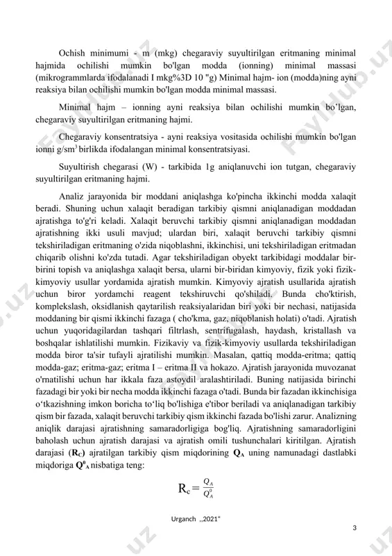 asi (rc) ajratilgan tarkibiy qism miqdorining qa uning namunadagi dastlabki miqdoriga q0a nisbatiga teng: rc = bu qiymat birga qancha yaqinlashsa, ajratish shuncha to'la bo'ladi. uni foizlarda ham ifodalaydilar. ajratish yoki konsentrlash omili (rb/a) aniqlanadigan tarkibiy qismning xalaqit beravchi tarkibiy qismdan qanchalik toʻliq ajratilganligini ko'rsatadi: r b/a= bu yerda, q0b va q0a- a va b tarkibiy qismlarning tekshiriladigan namunadagi dastlabki miqdorlari; qa qb-shu tarkibiy qismlarning ajratishdan keyingi miqdorlari. bu qiymat qancha kichik bo'lsa, ajratish shuncha samarali bo'ladi. ajratish usullari ko'pincha kristallash, bug'latish, haydash, ekstraksiya, sorbsiya, ion almashinish usullarini o'z ichiga oladi. ekstraksion ajratish ko'pincha kimyoviy usul-komplekslash reaksiyalari bilan bog'liq holda o'tkaziladi. kristallizatsiya usulida aniqlanadigan modda qattiq holda bo'lishi muhim, chunki bug'latish davrida aniqlanadigan moddaning uchib chiqadigan qismi tashlab yuboriladi, uni to'plab olish ancha murakkabdir. kristallash, asosan, tarkibi aralashmalardan toza bo'lgan cho'kma olish uchun ishlatiladi . asosiy qism 1.1. sifat tahlili usullarining tasnifi analitik reaksiyalarni bajarishda ishlatiladigan moddaning miqdoriga qarab, sifat …