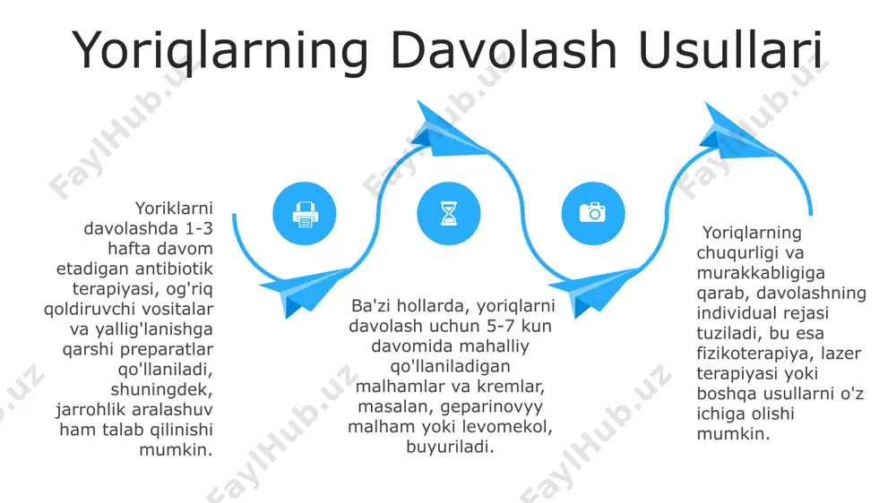 alar, masalan, analjeziklar va yallig'lanishga qarshi preparatlar (nsaidlar) 5-10 mg dozalarida buyurilishi mumkin. 03 konservativ davolash, sodda gapingni 1-3 hafta davomida 2-3 marta fizioterapiya protseduralari (masalan, uhf, magnitoterapiya) yordamida bartaraf etishga qaratilgan bo'lishi mumkin. yoriqlarning klinik ko'rinishi yorilgan yoriqlarning chuqurligi 1-3 mm gacha yetishi mumkin, ba'zan esa yanada chuqurroq bo'ladi, bu esa og'riqning intensivligini va davolash muddatini aniqlaydi. bemorlarda 50% hollarda yoriqlar bilan birga ich qotishi kuzatiladi, bu esa defekatsiya jarayonini og'riqli qiladi va yallig'lanishni kuchaytiradi. yoriqlarning 80% holatlarida anal sfinkterning spazmi kuzatiladi, bu esa defekatsiya paytida kuchli og'riq va qon ketishini keltirib chiqaradi. s w o t swot e'tiboringiz uchun rahmat @taqdimot_robot image1.jpeg image2.jpeg image3.jpeg image4.jpeg
