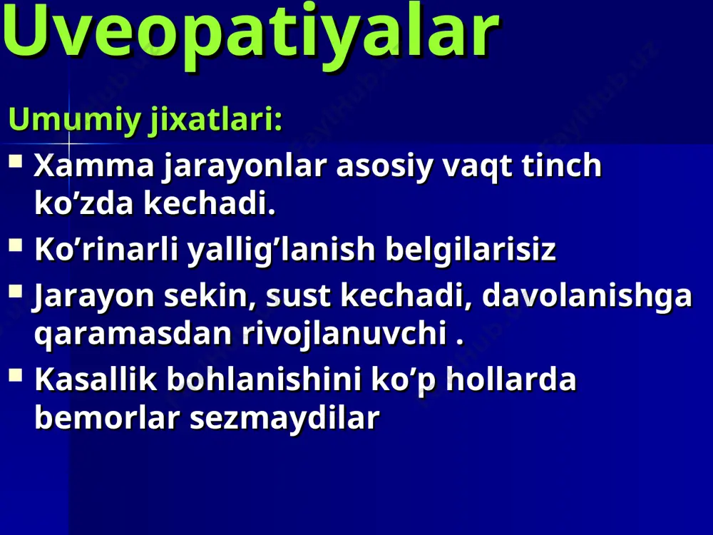 ufayli. katarakta bu nima ? katarakta (grekcha – kataraktes – bo’lib «tushuvchi yoki sharshara» degani. katarakta (grekcha. katarrhaktes — sharshara), ko’z gavharining hiralanishi bo’lib, to’r pardaga nur o’tishiga to’sqinlik qiluvchi va ko’rish o’tkirligining pasayishi bilan kechuvchi kasallikdir. katarakta bu nima ? gavharning funksiyasi nur o’tkazish (shaffof, qon-tomir va nerv tolalari mavjud emas). nur sindirish (~20,0 d). akkomadasiya aktida ishtirok etish (egrilikni o’zgartirish хususiyati tufayli). gavharning anatomik tuzilishi kapsula po’stloq gavhar yadrosi gavhar tolalari gavharning tarkibi suv (65%ga yaqin). oqsil (35%ga yaqin). мikroelement va meneral tuzlar (sulfatlar, fosfatlar, hloridlar, к, mg, fe, cu, zn, mn, b va boshqalar.) lipidlar (lesitin va holesterin) glutation аskorbin kislota katarakta rivojlanishining asosiy mehanizmi – gavhar tarkibining biohimik o’zgarishi, biohimik siljishlar natijasida, uni oziqlanishining buzilishi sabablari. katarakta – «оqsil kasalliklari». karatakta klassifikasiyasi tug’ma va orttirilgan. tug’ma katarakta – homilaichi rivojlanish paytida gavhar hiralanishi kuzatiladi. travmatik asoratli nurli yoshga bog’liq hiralanish jaylashgan joyiga qarab bo’lishi mumkin: oldingi …