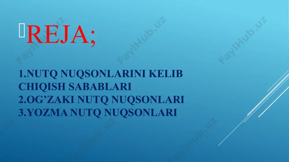 og’ir nutq nuqsonlari hisoblanadi.. dizartriya-tovush chiqarishda ishtirok etadigan muskullar faoliyatining buzilishi natijasida noaniq g’uldirab gapirish. disfoniya-bu ovoz apparatining patologik o’zgarishlari ya’ni kasllanishi oqibatida ovoznng zaiflashuvi. afoniya nutq apparatining patologik o’zgarishi oqibatida ovozning yo’qolishi shivirlab gapirish. alaliya-bosh miyya katta yarim sharlari postlog’idagi nutq zonalarining chala rivojlanishi yoki zararlanishi sbabli bolalarning tilga kirmasligi yoki yaxshi sozlay olmasligi. afaziya-bu bosh miyyaning organik jarohatlanishi natijasida shakillangan nutqning yo’qolishi.bolalar afaziyasi tajribada kam uchraydi. afaziya asosan kattalarda insultda keyin uchraydi.bolalarda esa miyya infeksiyalari,miyya rivojlanishi davrida turli xil kuchli travmalar natijasida yuzaga keladi. duduqlanish-bu og’zaki nutq jarayonida artikulyatsion apparat a’zolari muskullarining tortishishi sababli og’zaki nutqning tempritmik o’zgarishi natijasida yuzaga keladi . bradilaliya-bu nutqning patologik sekinlashgan sur’ati. taxilaliya-nutqning patalogik tezlashgan sur’ati. disgrafiya-yozish jarayoning qisman buzilishi. agrafiya-yozish jarayoning mutloq yo’q bo’lishi. disleksiya-o’ish jarayonini qisman o’zgacharoq tarzda buzilishidir.ushbu holatda bola harflarni tanishda, undan bo’g’in va so’z yasash, shuningdek,o’qiganlarini tushunmaslikda yaqqol namoyo boladi. ya’ni, u so’zni tog’ri o’qiy olmaydi. qolaversa, harfni …