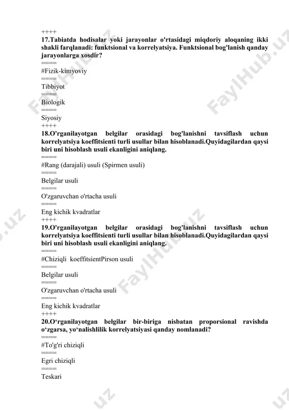 kari ==== kuchsiz ++++ 37.korrelyatsiya koeffitsienti -0,58. belgilar o'rtasida bog'liqlikni yo’nalishini ko’rsating? ==== #teskari ==== oʻrtacha ==== toʻgʻri ==== kuchsiz ++++ 38.grafik tasvir – bu ……. to'plamidir ==== #statistik ma'lumotlarni ifodalovchi chiziqlar, raqamlar, nuqtalar ==== kuzatish birliklari ==== ismlar va afsonalar ==== raqamli ma'lumotlar ++++ 39.kartogramma statistik qiymatlarning ……ifodasidir ==== #geografik xaritada ==== aylana markazida ==== ma'lumotlarni tahlil qilish jarayonida ==== chiziqli diagrammada ++++ 40.x o'qida (gorizontal) chiziqli diagrammani tuzishda nimani ko’rsatamiz? ==== #vaqt davrlari ==== tibbiyot muassasalarining nomlari ==== hodisaning kattaligi ==== statistikyig’larning nomlari ++++ 41.tsiklik xarakterdagi hodisani vizual tasvirlash uchun (yil davomida oylar bo'yicha) qaysi diagrammadan foydalanish mumkin. ==== #radial ==== tarmoq ==== ustunli ==== chiziqli ++++ 42.vizual ko'rinish uchun etti yil davomida virusli gepatit bilan kasallanishni qaysi diagrammadan foydalanish mumkin. ==== #chiziqli diagramma ==== radial diagramma ==== dumaloq diagramma ==== kartogramma ++++ 43.kartodiagramma - .........kombinatsiyadir ==== #geografik xarita va diagramma ==== chiziqli diagramma va shaklli diagramma ==== …