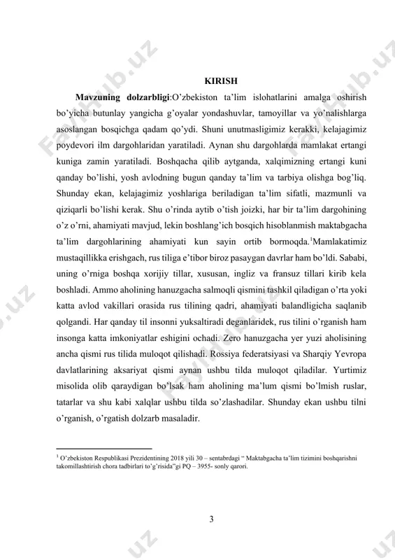 bilishi kerak. shuni ta’kidlash kerakki, bolalar uchun til o’rganish qanchalik erta boshlansa, til ko’nikmalarini o’zlashtirish darajasi shunchalik yuqori bo’ladi. rus tilini o’qitishning asosiy shakli darsdir. sababi yurtimizda ushbu til birinchi tili bo’lgan aholi soni u qadar ko’p emas va hammada ham jonli muloqot or qali ushbu tilni o’rganish imkoniyati mavjud emas. mashg’ulotlarning asosiy maqsadi bolalarning nutq faolligini uyg’otish va rus tilidagi nutqning to’g’riligiga erishishdir.[footnoteref:2]bolalarga rus tilini o’rgatish bo’yicha ishlarni rejalashtirishda o’qituvchi guruhdagi, oilalardagi nutq holatini, bolalarning rus tilini tushunish darajasini hisobga olishi kerak. har bir darsda nutq muammolarini har tomonlama yechish ko’zda tutilgan bo’lib, bunda mavzu va aniq vazifalardan qat’i nazar, tilning fonetik, leksik, grammatik jihatlari ustida ish bir vaqtda olib boriladi, izchil nutq malakalari shakllantiriladi. rus tilini o’qitishning asosiy muammosi - bu bolaning yoshi. ma’lumki, bolalarga rus tilini o’rgatishda ularning yoshi asos qilib olinadi, chunki bola chet tilini so’zlar, qo’shiqlar, musiqa va o’yinlar orqali o’rganadi. [2: o’zbekiston respublikasi prezidentining …