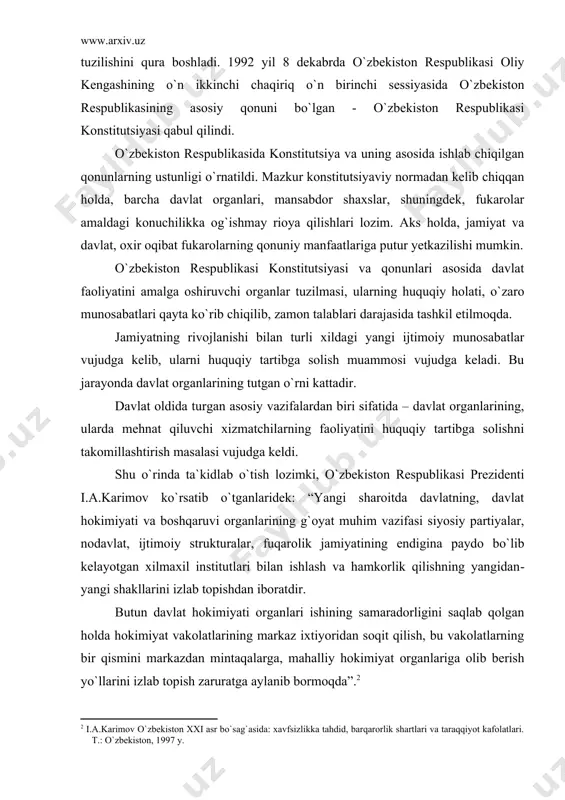 si prezidenti i.a.karimov ko`rsatib o`tganlaridek: “yangi sharoitda davlatning, davlat hokimiyati va boshqaruvi organlarining g`oyat muhim vazifasi siyosiy partiyalar, nodavlat, ijtimoiy strukturalar, fuqarolik jamiyatining endigina paydo bo`lib kelayotgan xilma​xil institutlari bilan ishlash va hamkorlik qilishning yangidan​yangi shakllarini izlab topishdan iboratdir. butun davlat hokimiyati organlari ishining samaradorligini saqlab qolgan holda hokimiyat vakolatlarining markaz ixtiyoridan soqit qilish, bu vakolatlarning bir qismini markazdan mintaqalarga, mahalliy hokimiyat organlariga olib berish yo`llarini izlab topish zaruratga aylanib bormoqda”. davlat organlarining o`z oldiga qo`ygan maqsad va vazifalarining samarali amalga oshirilishi, ko`p jihatdan, ularning faoliyatida qonuniylik va intizomning ta`minlanganligiga yoki unga qay darajada rioya etilayotganligiga bog`liqdir. qonuniylik deganda – davlat organlari faoliyatining o`zbekiston respublikasi konstitutsiyasi va amaldagi qonunlari asosida tashkil etilishi va amalga oshirilishi tushuniladi. intizom deganda esa, davlat organlari faoliyatida o`rnatilgan tartibga rioya qilinishini ta`minlash tushuniladi. davlat organlari o`zlarining faoliyatlarini konstitutsiya va qonunlarga asoslanib, ularni ro`yobga chiqarish maqsadida amalga oshiradilar. qonuniylik – demokratik huquqiy jamiyat mavjud bo`lishi va …