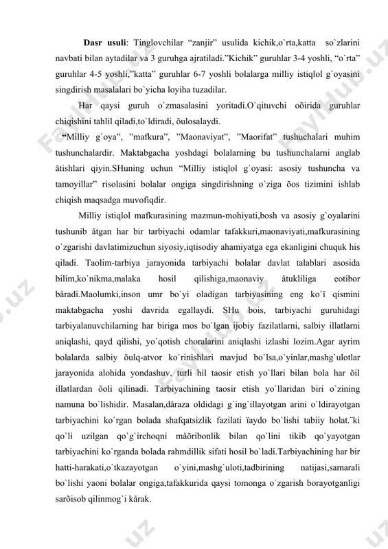 ridan biri o`zining namuna bo`lishidir. masalan,dåraza oldidagi g`ing`illayotgan arini o`ldirayotgan tarbiyachini ko`rgan bolada shafqatsizlik fazilati ïaydo bo`lishi tabiiy holat.¨ki qo`li uzilgan qo`g`irchoqni måõribonlik bilan qo`lini tikib qo`yayotgan tarbiyachini ko`rganda bolada rahmdillik sifati hosil bo`ladi.tarbiyachining har bir hatti-harakati,o`tkazayotgan o`yini,mashg`uloti,tadbirining natijasi,samarali bo`lishi yaoni bolalar ongiga,tafakkurida qaysi tomonga o`zgarish borayotganligi sarõisob qilinmog`i kårak. agar kichikligida ota-onaga, oïa-singilga, o`rtoqlariga måhr-muõabbat, jonivorlarni asrab-avaylashga, o`simliklarni ïarvarishlashga ulug` allomalarni qadrlashga, ”ßõshi”,”¨mon”,”mumkin”,”mumkin emas”, ”gunoh”,”savob” tushunchalarini farqlashga,yaõshidan zavqlanishga,yomondan nafratlanishga o`rgatilsa,kålajakda yovuzniyatli kishilarni båmalol ajrata oladigan bo`lishi,vayronkor g`oyali to`dalarga qo`shilib kåtmasligi tabiiy.bola u yoki bu darajadagi salbiy hislatlar ayrim oila aozolarining yoki o`rtoqlarining taociri natijasida ïaydo bo`lganda uni yo`qotish uchun taosir choralarini qo`llay bilish kårak.bolalardagi mavjud bo`lgan ijobiy va salbiy fazilatlar quyidagicha qayd qilinadi. n ismi,sharifi yoshi ijobiy fazilat salbiy fazilat izoh 1. abdullaåva õ 4 yosh 2 oy rostgo`y,o`rtoqlariga måhribon,kattalarning gaïiga quloq soladi. o`yinchoqlarni sindirib buzib tashlaydi,joy-joyiga qo`ymaydi jonivorlarga ozor båradi 2. boltaåva n. 4 yosh saranjom-sarishtalikni yaõshi ko`radi.kattalarning …