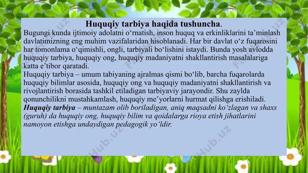 ni bilish, ularning g’amxo‘rligidan foydalanish va ular bilan birga yashash. bola otasi, onasi, yaqinlari va boshqa qarindoshlari bilan ko‘rishishi; o‘z huquq va qonuniy manfaatlarini himoya qilish; o‘z fikrini ifoda etish; bola ism, ota ismi va famliyasini olishga; ism va familiyasini o‘zgartirishga;6 oilada umumiy mulk va o‘z huquqiy mulkiga ega bo‘lish va boshqa huquqlarga ega. bolaning huquqiy va qonuniy manfaatlarini himoya qilish uning ota- onasi (ularning o‘rnini bosuvchi shaxslar) tomonidan amalga oshiriladi. voyaga yetmagan bola qonunga muvofiq to‘la muomala layoqatiga ega deb e’tirof etilsa, u o‘z huquq va majburiyatlarini, himoya huquqini mustaqil amalga oshirishga haqlidir. oila bolaga taalluqli har qanday masala hal etilayotganida bola o‘z fikrini bildirishga, so‘zlashga haqlidir. bolaning familiyasi ota-onaning familiyasiga qarab belgilanadi. ota-ona turli familiyada bo‘lganda ota-onaning kelishuviga binoan bolaga ota yoki onaning familiyasi beriladi. milliy an’analarga muvofiq boboning ismi bo‘yicha familiya berilishi mumkin. fuqarolik holati dalolatnomalarini qayd etish bo‘limi ota-onaning birgalikdagi arizalariga binoan bola 16 yoshga to‘lguncha …