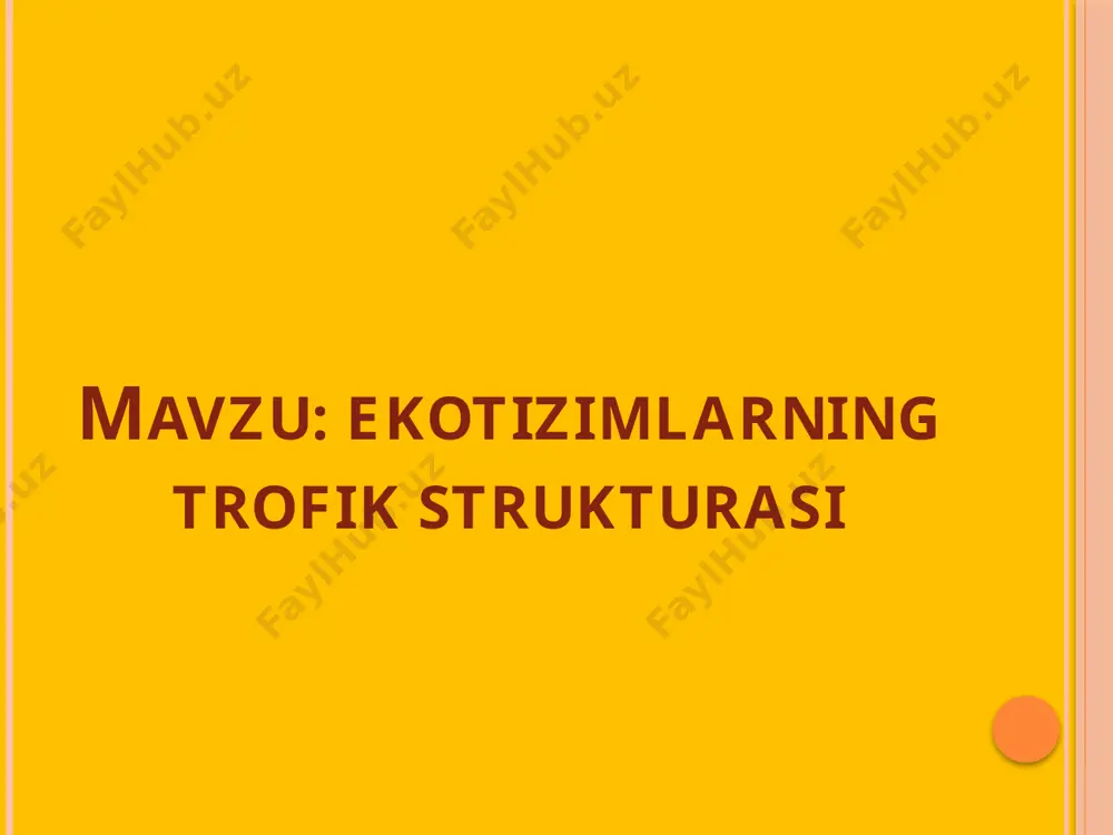 zanjiri” atamasini 1934 yil zoolog va ekolog ch. elton taklif etgan. oziq zanjiri asosiga qarab 2 guruhga bo`linadi: 1. produsent tipidagi zanjir- yashil o`simliklardan boshlanadigan oziq zanjiri. detrit tipidagi zanjir –oziq zanjiri detritdan boshlanadi. oziq to`ri ko`pchilik organizmlar bir xil turdagi oziq bilan oziqlanmaydi. bir turning o`zi turli xil oziq zanjirlarining bo`g`ini sifatida ularni o`zaro bog`lab turadi. natijada trofik zanjirlar bir-biri bilan chalkashib, ekosistemada trofik (oziq) to`ri- bir necha oziq zanjirlaridan iborat bo`lgan murakkab to`rni hosil qiladi. trofik darajalar oziq zanjirida turlarning joylashgan o`rniga qarab, biogeotsenozlarning trofik darajalari farqlanadi. oziq zanjiridagi har bir organizm ma`lum bir trofik darajaga ega bo`ladi. organizmning oziq zanjiridagi o`rni trofik daraja deyiladi. trofik darajalar soni oziq zanjiridagi bo`g`inlar soniga teng. i- trofik daraja – produsentlar (o`simliklar) ii- trofik daraja – itartibli konsument (o`simlikxo`r hayvonlar) iii- trofik daraja – ii- tartibli konsument (go`shxo`r hayvonlar) iv-trofik daraja- iii-tartibli konsument (boshqa go`shtxo`rlar bilan oziqlanadigan hayvonlar) v-trofik daraja- iv …