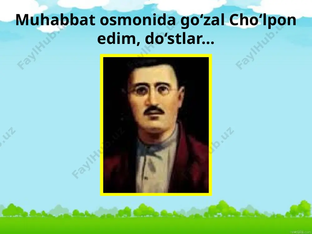 ; 1935-37 - «mushtum» va «guliston» jurnallari hamda «teatru» gazetasida adabiy xodim (jamoatchilik asosida). asarlari she'riy to'plamlari: “uyg'onish” (1922); “buloqlar” (1923); “o'zbek yosh shoirlari” (1923); “go'zal yozg'ichlar” (1925); “adabiyot parchalari” (1926) ; “tong sirlari” (1926); “soz” (1935); “jo`r” - oxirgi to’plami, nashr etilmay qolgan. “yana oldim sozimni” (1991). diqqat, bilib oling! barmoq vazni cho`lpon va fitratning ijodiy izlanishlari bilan xx asrning 20-yillari boshlaridayoq yangi o‘zbek she’riyatining asosiy vazniga aylandi. pyesalari 1928-yil - “o’rtoq qarshiboyev”; 1921-yil - “yorqinoy”; 1921-yil – “o‘ldiruvchi”; 1922-yil - «sevgi va saltanat» ; 1922-yil – “cho‘pon sevgisi”; 1928-yil - “hujum” (rus yozuvchisi v.yan bilan); 1921-yil - “halil farang”; 1926-yil - “cho`rining isyoni”; “qorovul uyqusi”; “yana uylanaman“; “uzunquloq bobo" “mushtumzo'r“… ocherk va hikoyalari ocherklari: “yo‘l esdaligi”; “vayronalar orasidan” ocherklari… hikoyalar: “oydin kechalarda”; “qor qo'ynida lola“; “novvoy qiz”; “oq podshoning in’omi”; “gavharoy”… tarjimachilik k.gotssi, «malikai turondot»; n.v.gogol - «tergovchi»; bill belotserkovskiy «labbay», «po‘rtana»; moler - «xasis»; k.goldon - «ikki …
