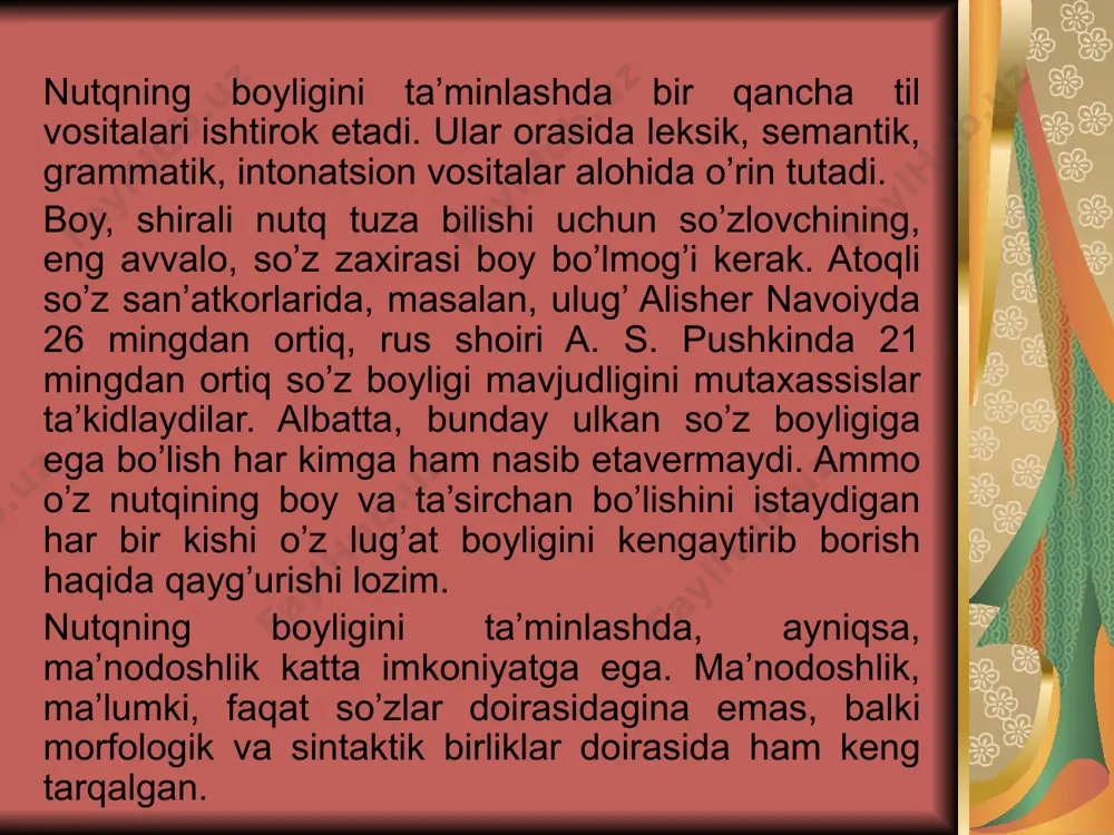 erga qulochkashlab urug’ sochyapti. u ham yalang oyoq bo’lib ishton pochasini shimarib olgan. ulardan narida uch-to’rtta dahkatlik tojik dehqonlar ham yer haydab, ekin ekayotir. yer yumshoq, havo yoqimli, ishning unumi yaxshi. shuning uchun hammalarining ruhlari ko’tarinki. shuncha vaqt jang-u jadalda yurib, dehqonchilik kasbini sog’ingan tohir endi yayrab yer haydaydi va birda-yarim ashula xirgoyi qilib qo’yadi. (p. qodirov) o’rik – ra’noguldoshlar oilasiga mansub mevali o’simlik. vatani – o’rta osiyo. o’zbekistonda, asosan, oddiy o’rik turi ekiladi. mevasi etli, yumaloq, tuxumsimon, oq, sariq, qizg’ish; danagidan ajraladigan, ajralmaydigan xillari bor; shirin, shirinnordon. o’rik – yaxshi asal beruvchi daraxt. (o’zbekiston milliy ensiklopediyasi) 68-mashq. gaplarni o’qing. nutqning boyligini ta’minlayotgan birliklarni izohlang. 1. juda ishni ko’ngling tusagan ekan, ana, ko’cha-ko’yda nechta gazet sotadigan kioska bo’sh yotibdi, o’shanga ishga kir, ma’rifat tarqat, ziyo soch. 2. uchrashuv tugab, mehmonlik izzatimiz bitib, u yerdagi o’rtoqlar biror o’n chaqirimcha kuzatib qo’ygach, yana ikkimiz yolg’iz qoldik. 3. – otni biladigan odamlarni xush …