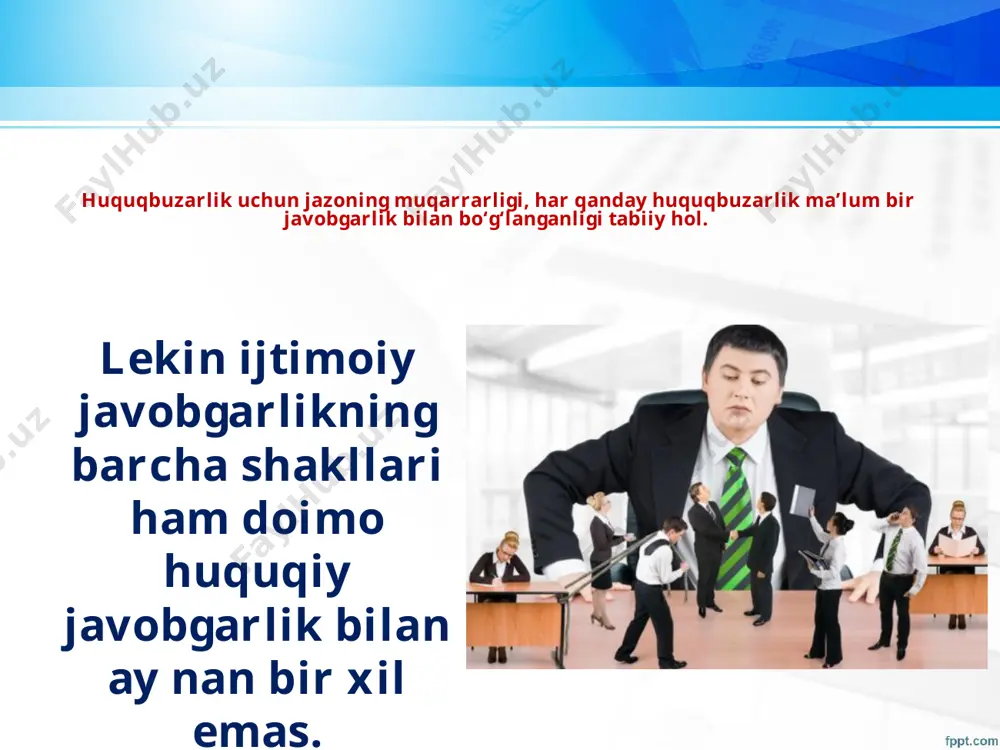 ng 181- moddasiga binoan quyidagi turlardan iboratdir: ♦ hayfsan; ♦ jarima solish; ♦ mehnat shartnomasini bekor qilish. intizomiy jazolar ishga qabul qilish huquqiga ega bo‘lgan shaxslar (organlar) tomonidan qo‘llaniladi. fuqaroviy - fuqarolik huquqbuzarligi uchun aybdor shaxsning to‘liq moddiy va ma’naviy javob berishidir. ma’muriy jazolar qo’ydagilar: jarima; haqini to‘lash sharti bilan buyumni olib qo‘yish; buyumni musodara qilish; maxsus huquqdan (transport vositasini boshqarish huquqidan, ov qilish huquqidan) mahrum qilish; ma’muriy qamoq: 3 sutkadan 15 sutkagacha, ayrim hollarda 30 sutkagacha. jarima; muayyan huquqdan mahrum qilish; axloq tuzatish ishlari; xizmat bo‘yicha cheklash; qamoq; intizomiy qismga jo‘natish; ozodlikdan mahrum qilish. jinoiy jazolar — jinoyat kodeksining 43- moddasiga binoan, quyidagilar: ♦ harbiy yoki maxsus unvonlardan mahrum qilish; ♦ huquqni tiklash javobgarligi – nohaq buzilgan huquqlarni tiklash, bajarilmagan majburiyatlarni majburlab bajartirishdan iborat. mahkumlarga asosiy jazolardan tashqari quyidagi qo‘shimcha jazo choralar ham belgilanadi: savol va topshiriqlar 1. yuridik javobgarlik deganda nimani tushunasiz? 2. yuridik javobgarlikning qanday tur lari …