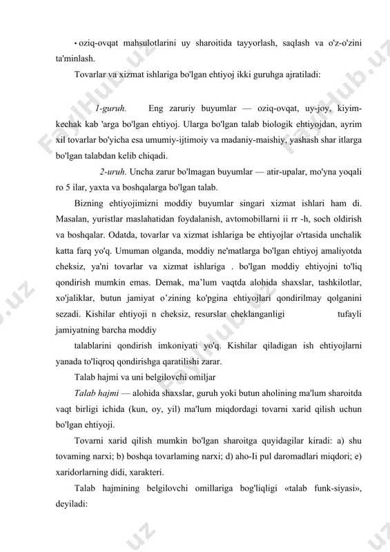 'liqlik funksiyasiga o'tish mumkin: qm=a'xpj. talabni bahoga bog'liqligi funksiyasiga quyidagi misolni keltirish mumkin: 3-jadval pa (qiymat birligi qda (talab miqdori, birlikhisobida) 100 1000 700 150 300 500 bu jadvaldan ko'rinib turibdiki, tovaming (masalan, shakar) narxi 100 so'm bo'lganda 1000 kg sotildi, lining narxi 500 so'mga chiqib ketganda esa bor yo'g'i 300 kg sotildi. talab hajmini tovar bahosiga qarab, o'zgarishini quyidagi talab chizig'i ham ko'rsatadi: 5-chizma. talab chizig'i. таlab bahosi - xaridor shu tovarni xarid qilishga rozi bo'lib to'laydigan maksimal baho. bu baho — bozor bahosi yoki muvozanat baho emas. bozordagi muvozanat baho — bu aniq turdagi va sifatdagi tovarni xarid qilingandagi baho. talab bahosi daromad miqdori bilan o'lchanadi va : zga lay qoladi. chunki xaridor undan ortiq haq to'lay olmaydi. shuning uchu laqiqatan ham kishilar shu xildagi tovarni uning narxi past bo'lgan holda ::mn : bo'lgandagiga qaraganda ko'proq xarid qiladilar. e. .to pj>p2 bo'lganda talab hajmi qj р, bo'lganda, q2<qj …