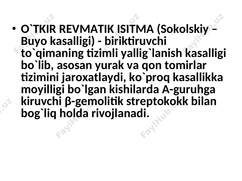 a antitanalar ishlab chiqariliahi patogen eliminasiyasi klinika kasallik boshlanishi belgilari bemorning yoshi bilan bog’liq. bolalarda anginadan 2-3 hafta o’tib, to’satda tana harorati ko’tariladi, artrit, kardit belgilari kuzatiladi. boshqa bemorlarda monosimptom kechishi mumkin. o’smirlar va yoshlarda asta-sekin subfebril temperatura, yirik bo’g’imlarda artralgiya, karditning ba’zi belgilari bilan boshlanishi mumkin. o’ri qayta xurujlari (residiv) ko’p hollarda streptokokkli infeksiya bilan bog’liq va asosan kardit rivojlanishi bilan namoyon bo’ladi. anamnezida yaqinda o’tkazilgan tomoq infeksiyasi xoreya isitmaa revmatik kardit xalqasimon eritema va teri osti tugunchalari revmatik poliartrit xalqasimon eritema klinikasi taniqli olim - pediatr a.a. kisel (1939) kasallik asosiy belgilariga «kasallikning absolyut simptomokompleksi» deb ta’rif bergan poliartrit, kardit, xoreya alohida uchrashi mumkin, lekin ko’pincha birgalikda kuzatiladi. klinika revmatik poliartrit– revmatik isitmaning asosiy belgisi hisoblanib, bemorlarning 2/3 qismida kuzatiladi. artrit uchib yuruvchi xarakterga ega. bo`g`imlardagi og`riqlar xarakatning cheklanishiga olib kelishi mumkin. bir vaqtning o`zida bo`g`imlarda shish, ba'zan bo`g`im usti teri qoplamining qizarishi kuzatiladi. revmatik poliartrit asosiy belgilari: …