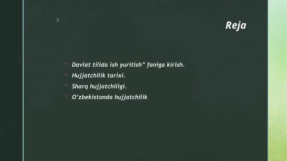 ilida ish yuritish” fani umumkasbiy fanlar blokiga kiritilgan kurs hisoblanib, bakalavriat ta’lim yo‘nalishining 1 - kursida o‘qitiladi . mazkur fan tilshunoslik turkumidagi fanlardan biri bo‘lib, nutq madaniyati, uslubshunoslik fanlari bilan bog‘liqdir. “davlat tilida ish yuritish” fani tilshunoslikning amaliy asosini tashkil etib, o‘zbek tili va adabiyoti mutaxassisligi bo‘yicha yetuk kadrlar tayyorlashga xizmat qiladi. z fanning maqsad va vazifalari davlat tilida ish yuritish” fanini o‘tish orqali universitetning tegishli fakultetini tugatib, oliy ma’lumotga ega bo‘ladigan bo‘lg‘usi o‘qituvchilar va murabbiylarimizga o‘zlari tanlagan mutaxassisliklari hamda ijtimoiy-siyosiy, ma’naviy-ma’rifiy sohalar bo‘yicha ona tilimizga oid, shuningdek, o‘zlashma terminlar haqida tasavvur berish, ularning to‘g‘ri qo‘llanishi yuzasidan yo‘llanma berish, amalda qo‘llanayotgan ish qog‘ozlarining turlari, ularning namunalari, yozilishi, ularning o‘ziga xos jihatlarini o‘rgatish, ularning yetuk mutaxassislar bo‘lib yetishishlariga yaqindan yordam berishdir. z davlat tilida ish yuritish” fanini o‘qitishdan maqsad talabalarni nutqning uslubiy shakllari, matn turlari va tarkibi, davlat tilida ish yuritish asoslari bilan yaqindan tanishtirish, ularga rasmiy hujjatlar haqida bilim berishdan …