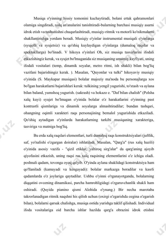'qituvchi faol yordam beradi, bolalarga u yoki bu musiqa uchun qaysi harakatlarni xarakteriga va shakliga ko'ra yaxshiroq tanlashni maslahat beradi. keyin bolalar o'z kuchlarini sinab ko'rishadi va kattalarning maslahatisiz "o'z" raqsini yaratadilar. bu "oyna" (rus xalq ohanglari), "men kabi raqs" (musiqasi v. zolotarev), "biz quvnoq uyali qo'g'irchoqlarmiz" (musiqasi y. slonov) va boshqalar. musiqiy o'yin (ritmning uchinchi turi) o'yin faoliyatining bir turi sifatida bolalar bog'chasi- muhim usul musiqiy rivojlanish... musiqa o'yinning hissiy tomonini kuchaytiradi, bolani ertak qahramonlari olamiga singdiradi, xalq an'analarini tanishtiradi-bularning barchasi musiqiy asarni idrok etish va tushunishni chuqurlashtiradi, musiqiy-ritmik va motorli ko'nikmalarni shakllantirishga yordam beradi. musiqiy o'yinlar instrumental musiqali o'yinlarga (syujetli va syujetsiz) va qo'shiq kuylaydigan o'yinlarga (dumaloq raqslar va spektakllarga) bo'linadi. v hikoya o'yinlari oh, siz musiqa tasvirlarini ifodali etkazishingiz kerak, va syujet bo'lmaganida siz musiqaning umumiy kayfiyati, uning ifodali vositalari (temp, dinamik soyalar, metro ritmi, ish shakli) bilan bog'liq vazifani bajarishingiz kerak. ). masalan, "quyonlar va tulki" …